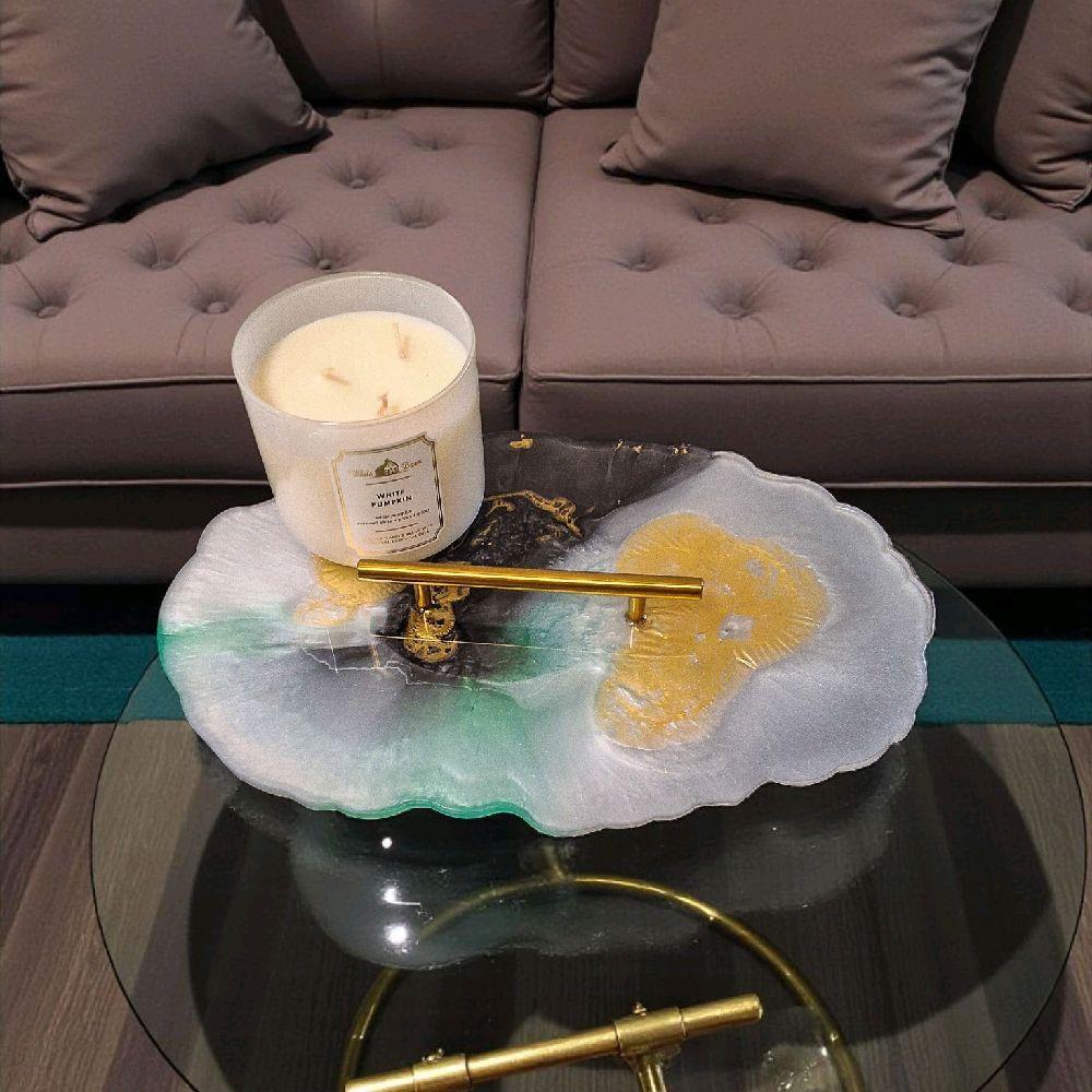 Resin Tray Artwork, Aqua Green, Black, White & Gold