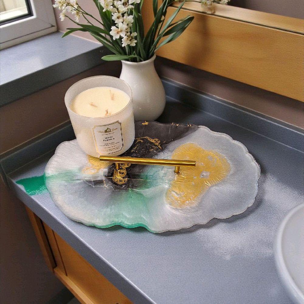 Resin Tray Artwork, Aqua Green, Black, White & Gold