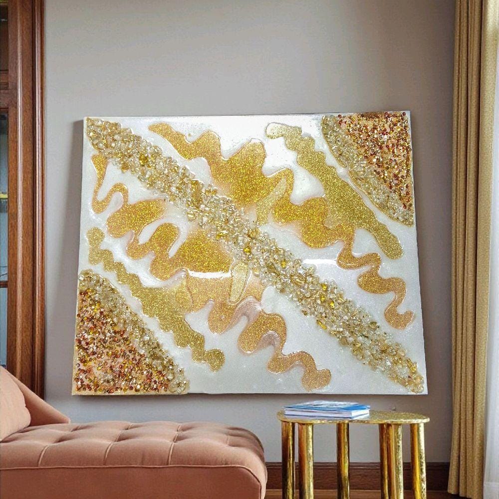3D Resin Artwork, Gold Metallic Crystals, Hanging Decor. Size 20x30