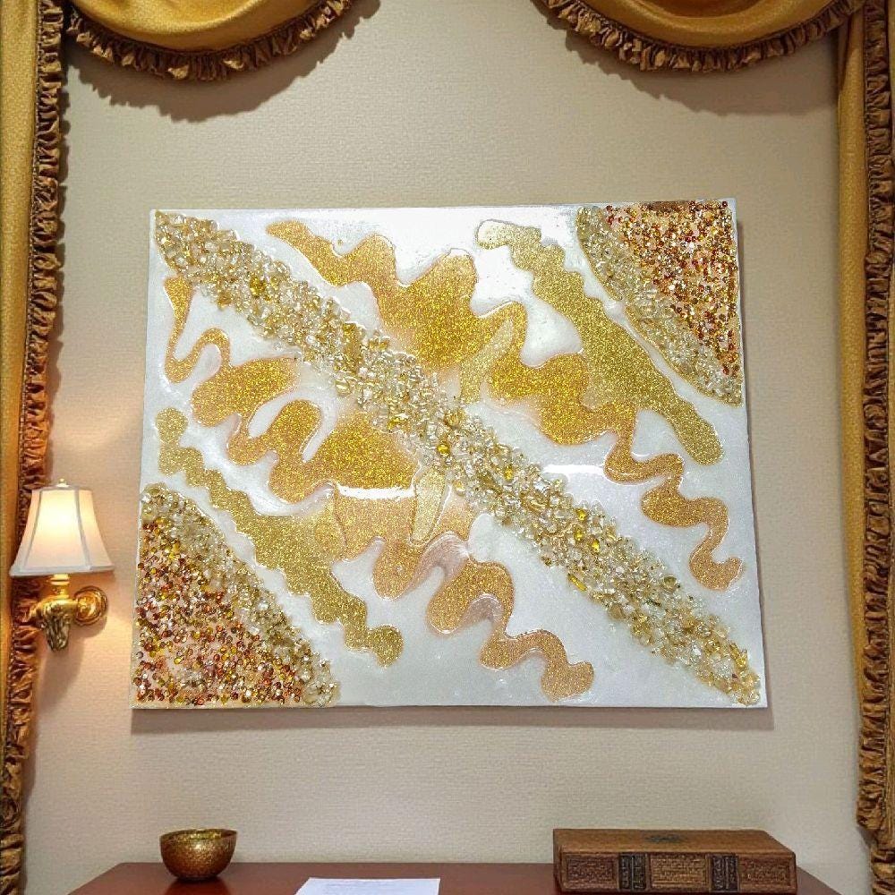 3D Resin Artwork, Gold Metallic Crystals, Hanging Decor. Size 20x30