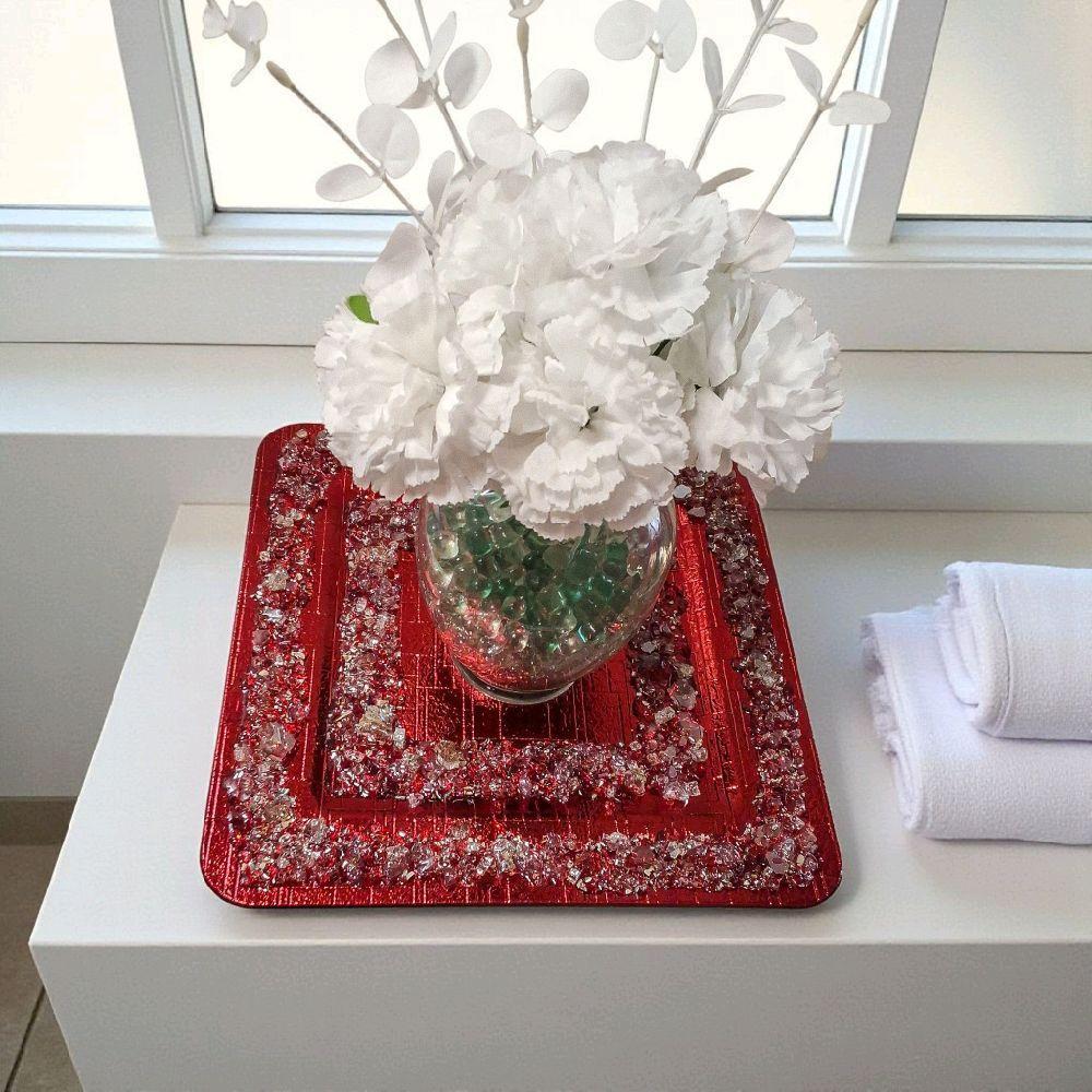 Handmade Crystallized Charger Plate: Vibrant Red Artwork Decor