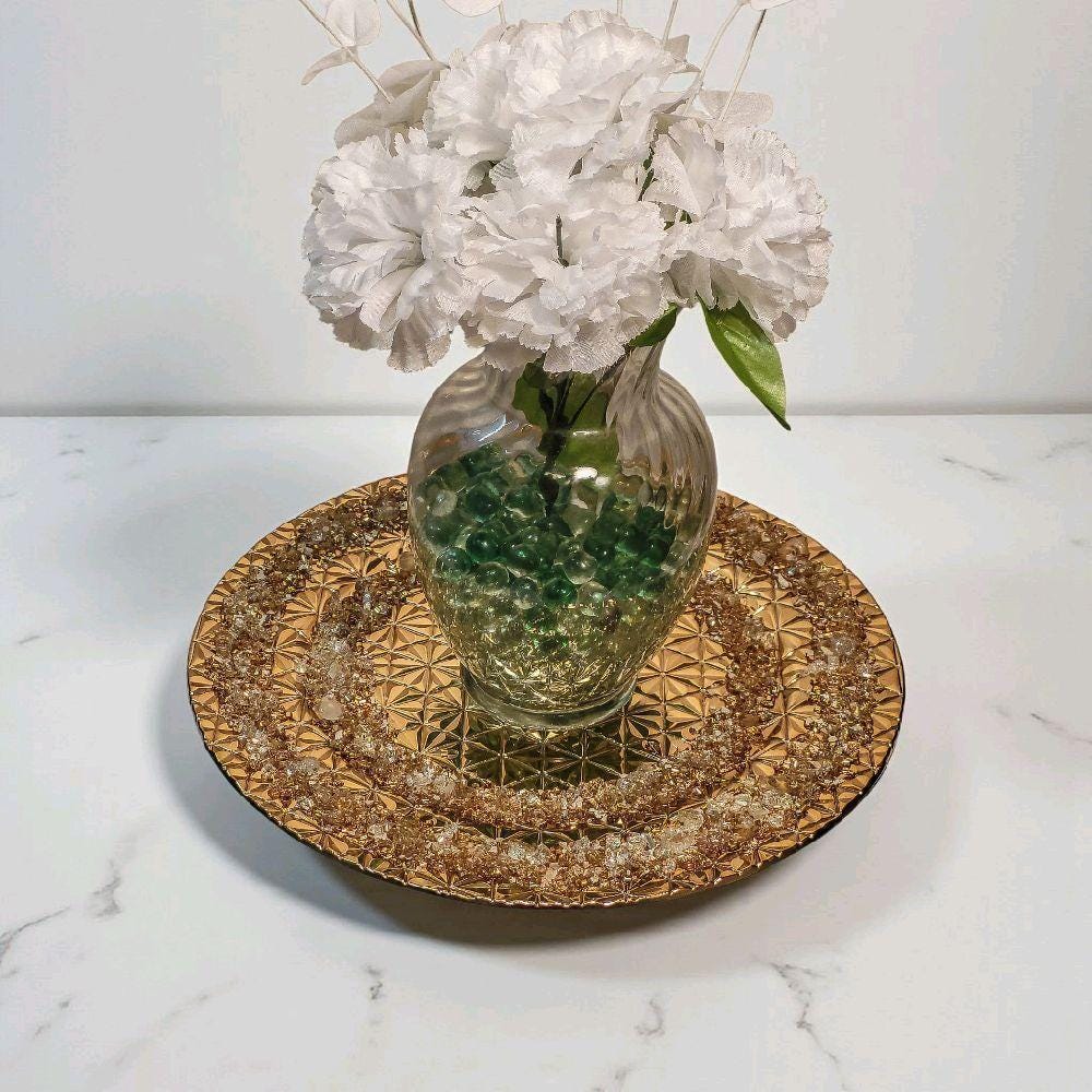 Handmade Gold Crystallized Charger Plate, Unique Table Centerpiece (13x13)
