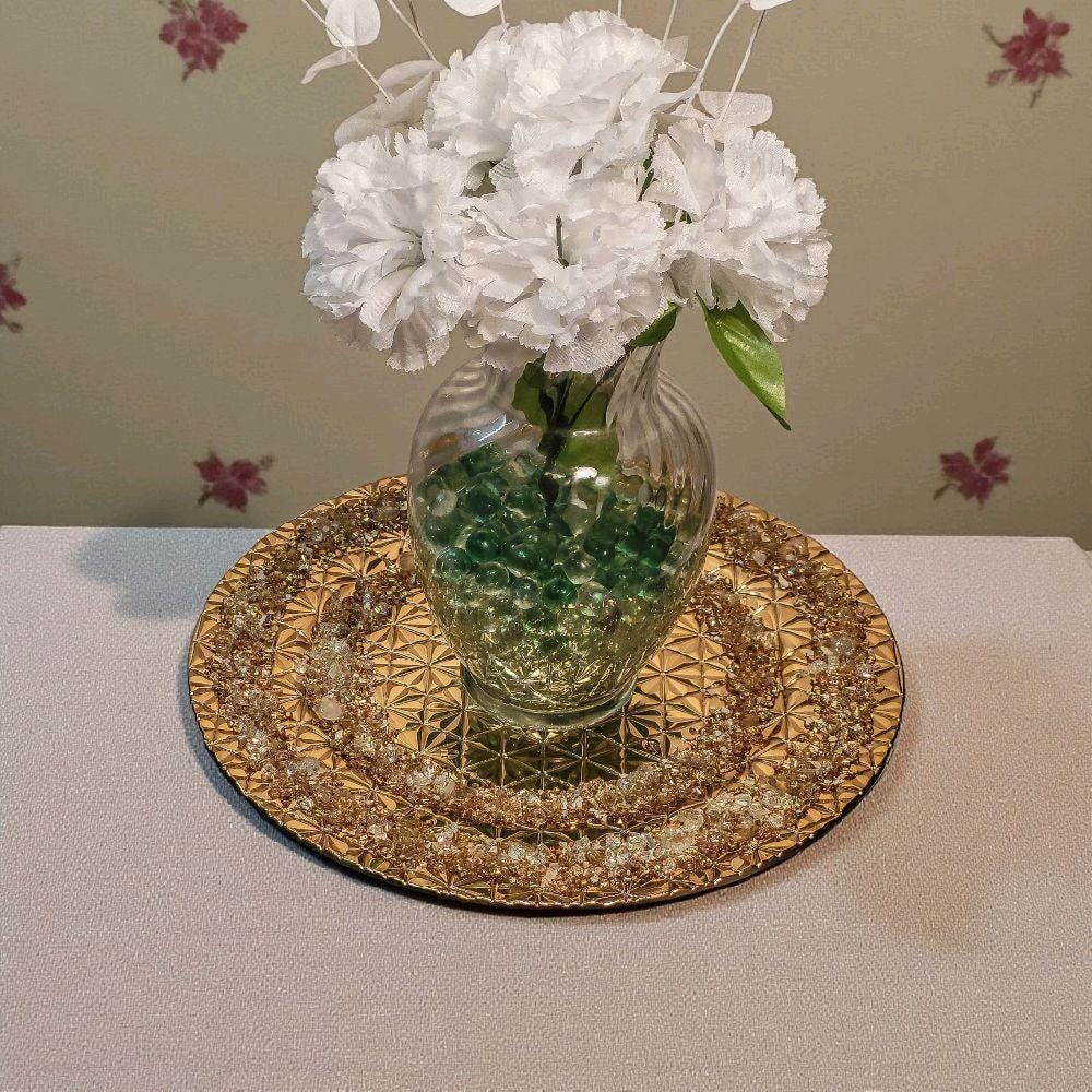 Handmade Gold Crystallized Charger Plate, Unique Table Centerpiece (13x13)