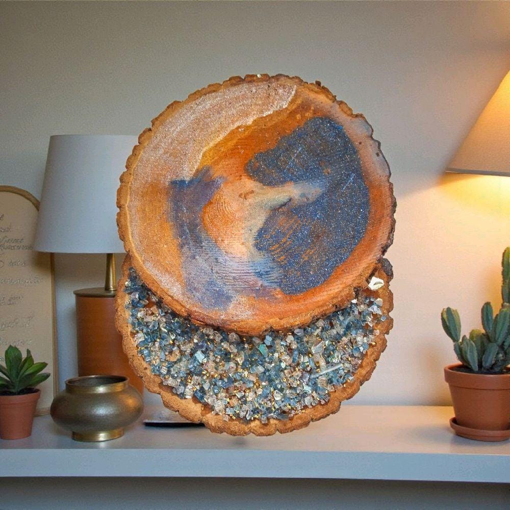 Hand Designed 3D Wood Slice Decor, Elegant Crystallized Artwork