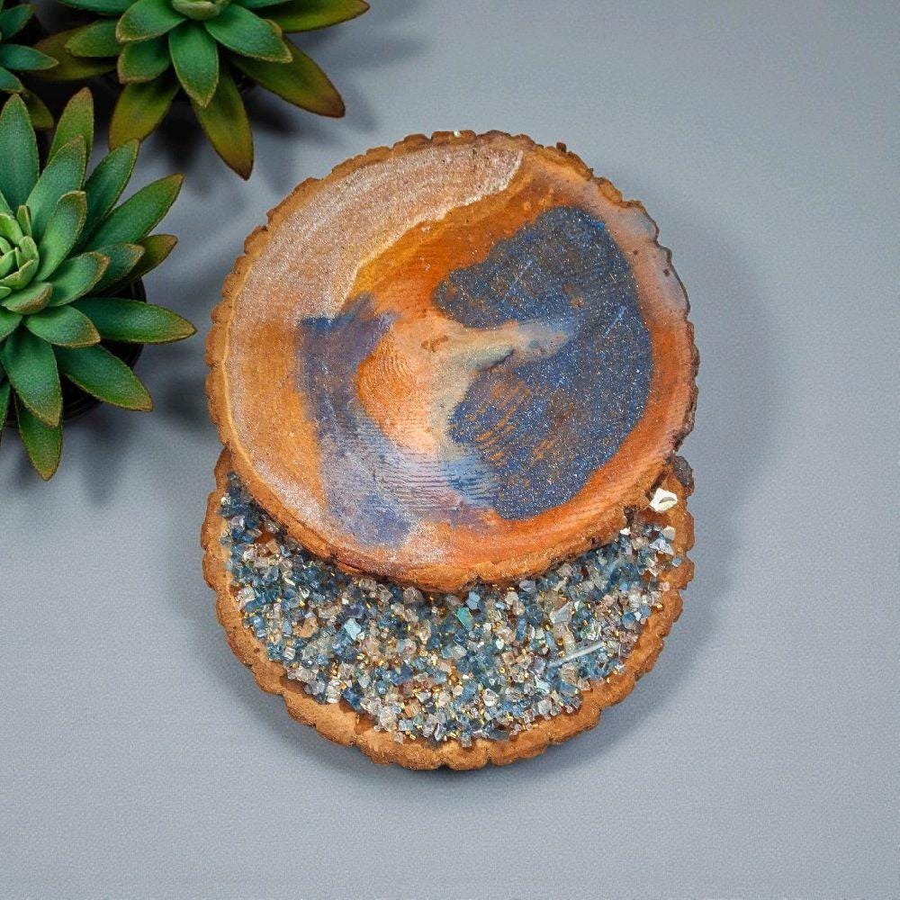 Hand Designed 3D Wood Slice Decor, Elegant Crystallized Artwork