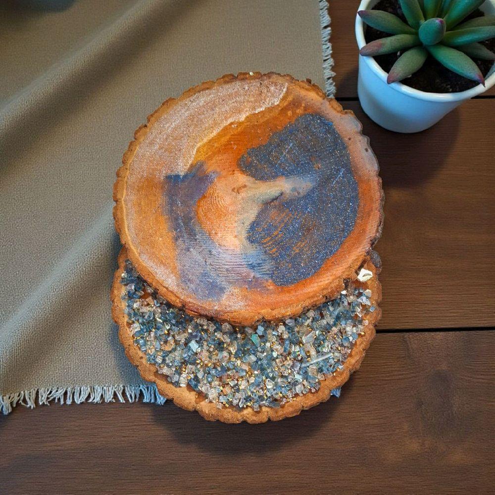 Hand Designed 3D Wood Slice Decor, Elegant Crystallized Artwork