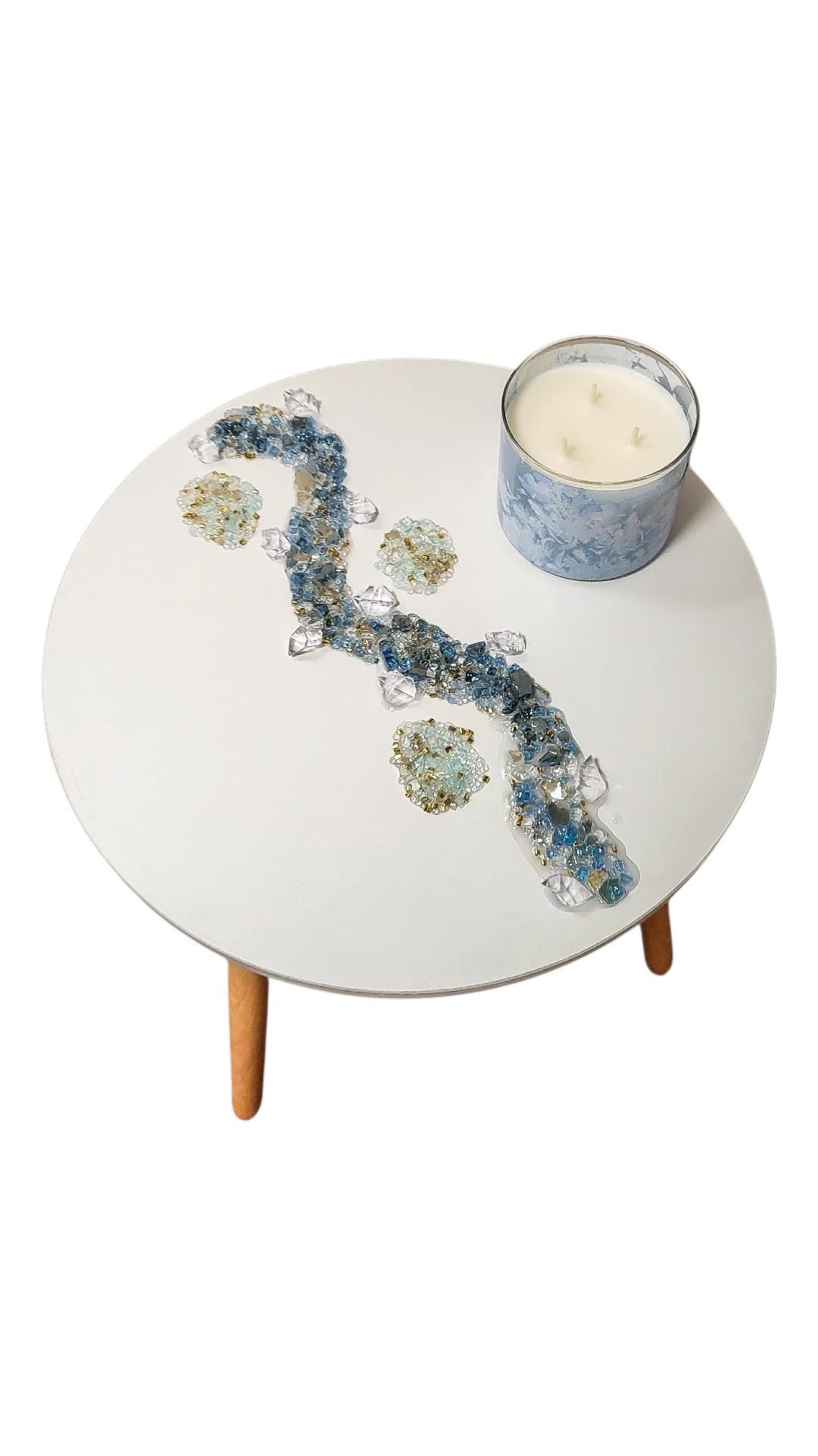 3D Crystallized Artwork Table: Blue & Aqua Green Accent Decor