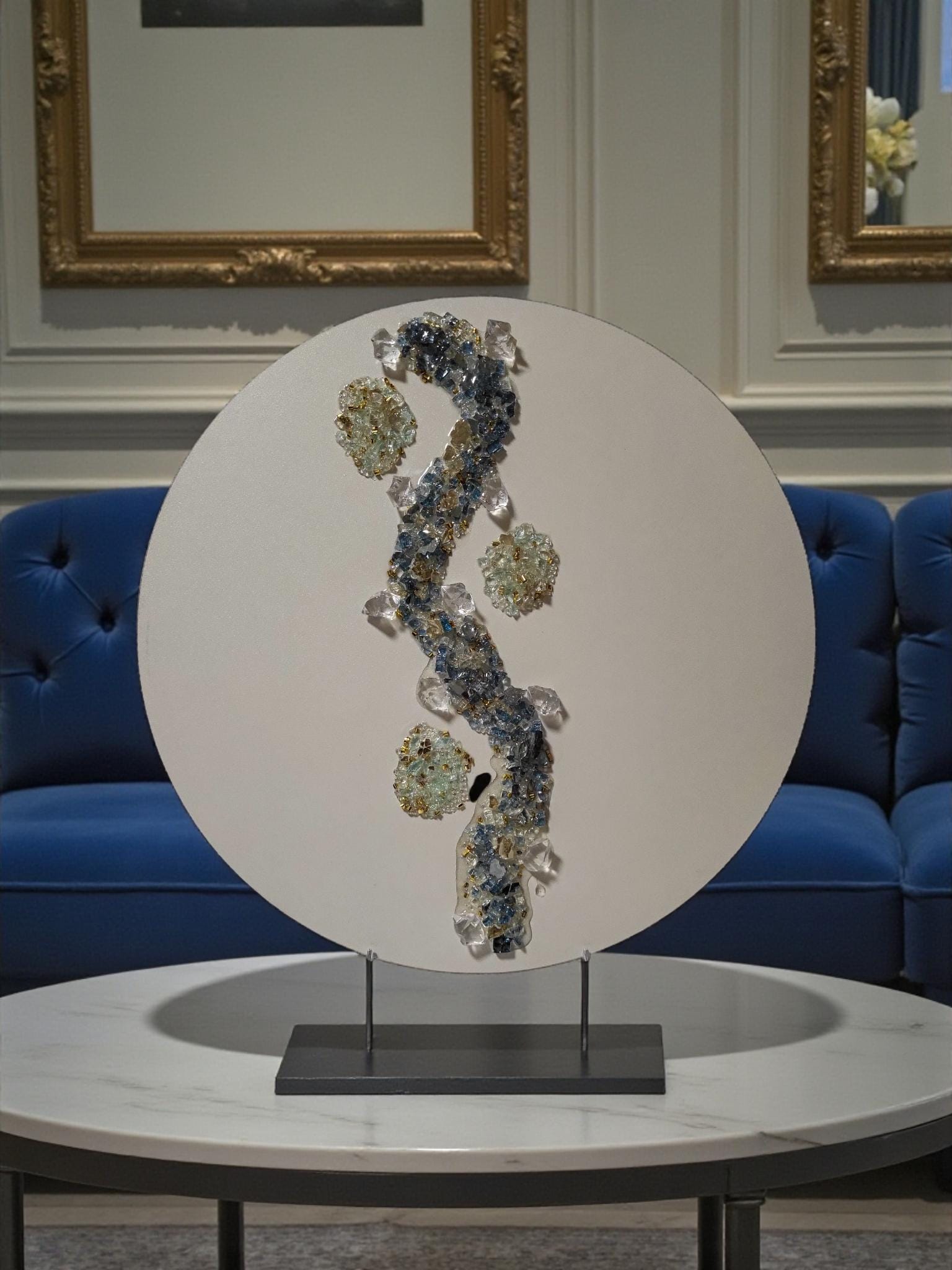 3D Crystallized Artwork Table: Blue & Aqua Green Accent Decor
