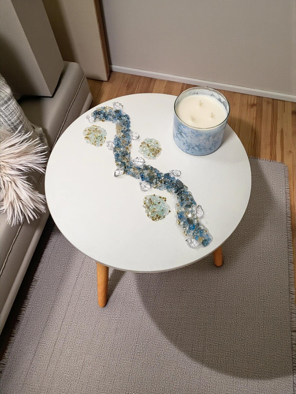 3D Crystallized Artwork Table: Blue & Aqua Green Accent Decor