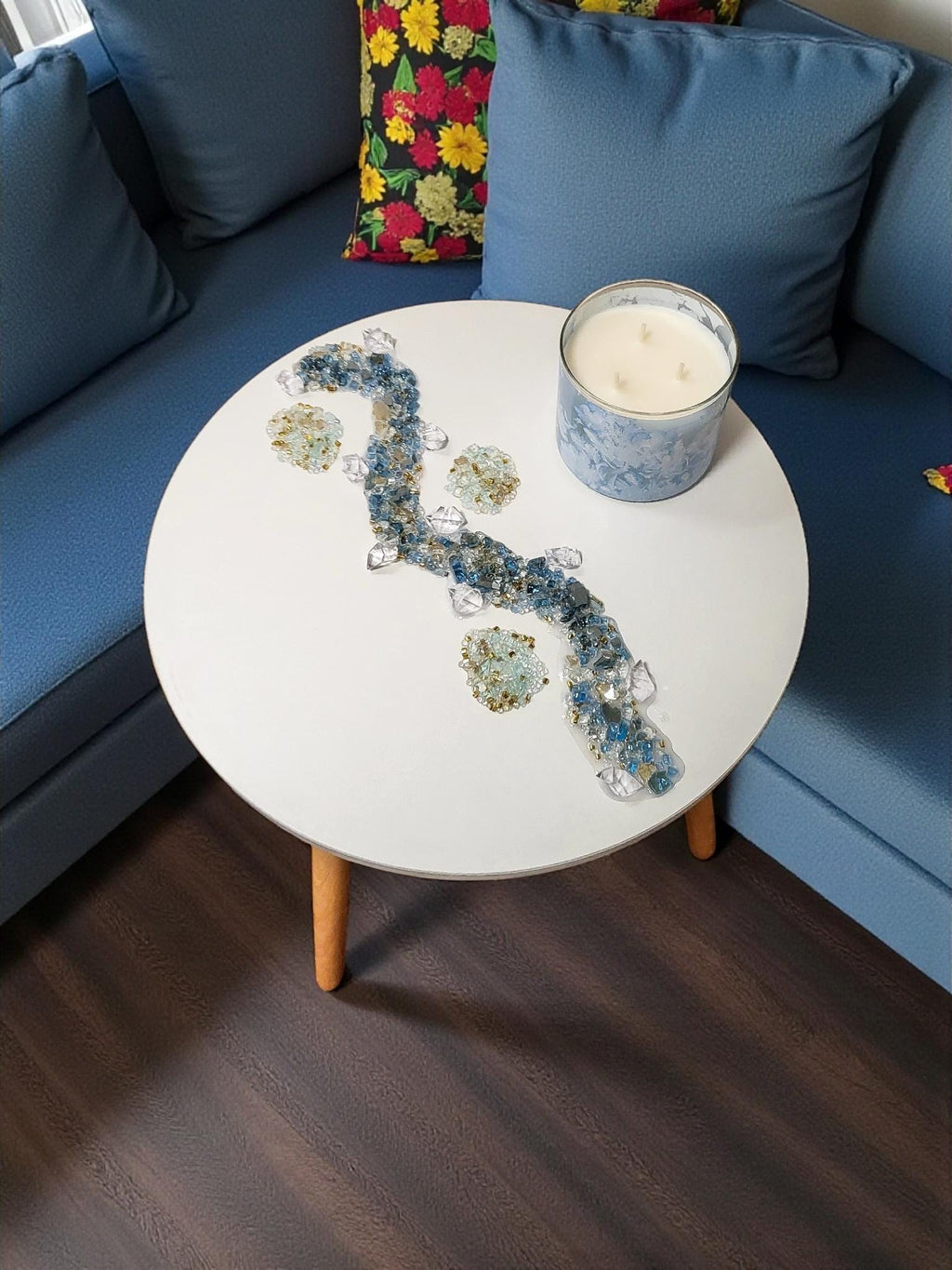3D Crystallized Artwork Table: Blue & Aqua Green Accent Decor