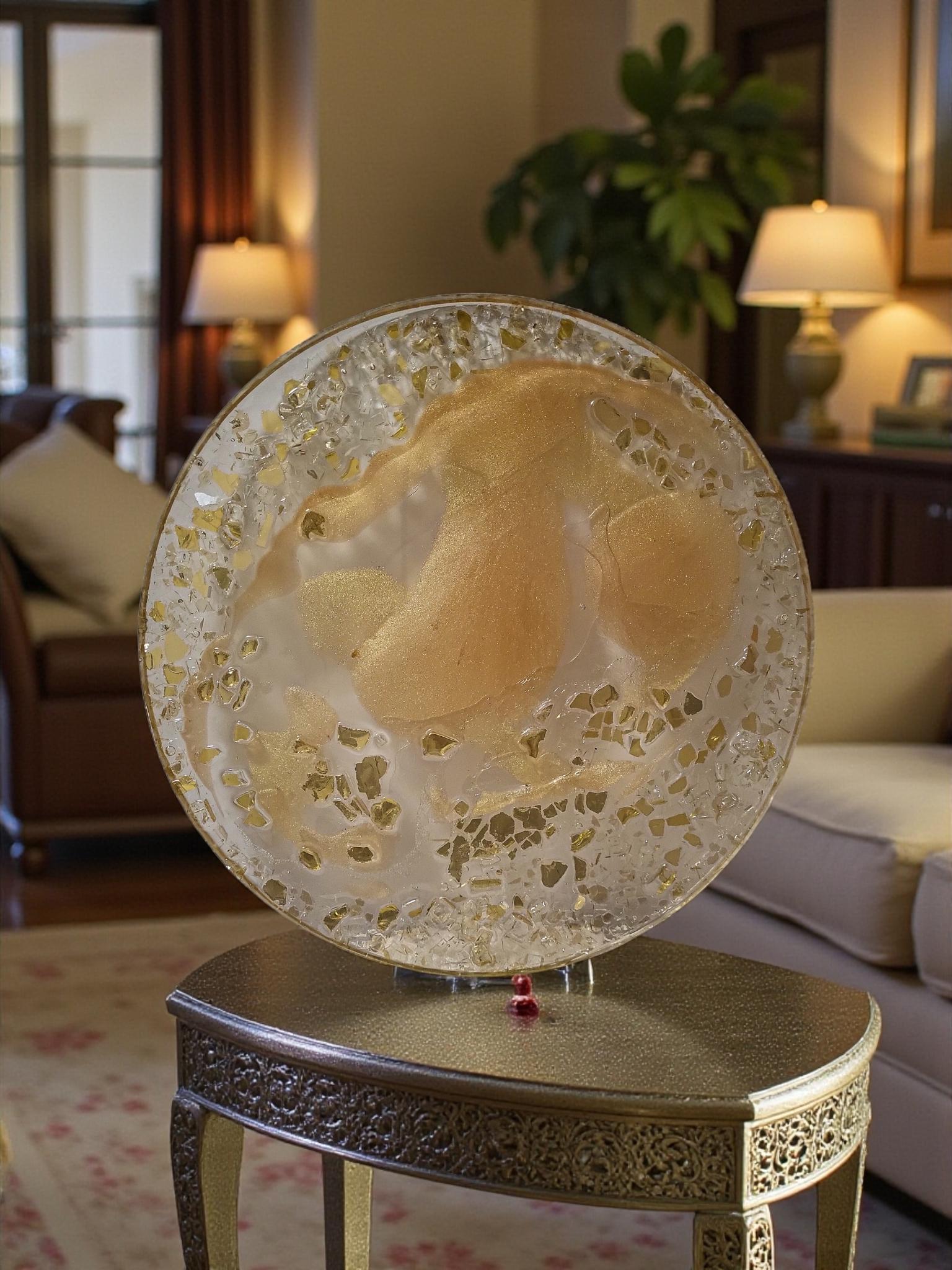 3D Resin Tray, Golden Peach with Gold Crystals, Elegant Home Decor