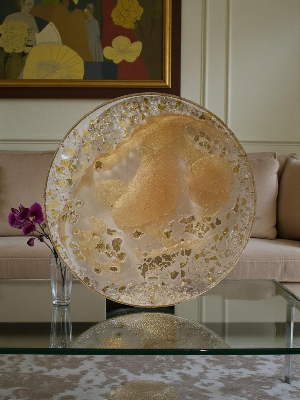 3D Resin Tray, Golden Peach with Gold Crystals, Elegant Home Decor