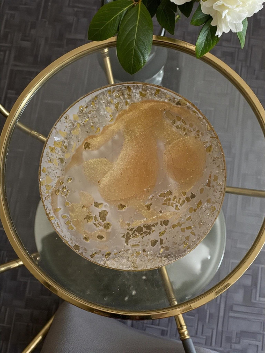 3D Resin Tray, Golden Peach with Gold Crystals, Elegant Home Decor