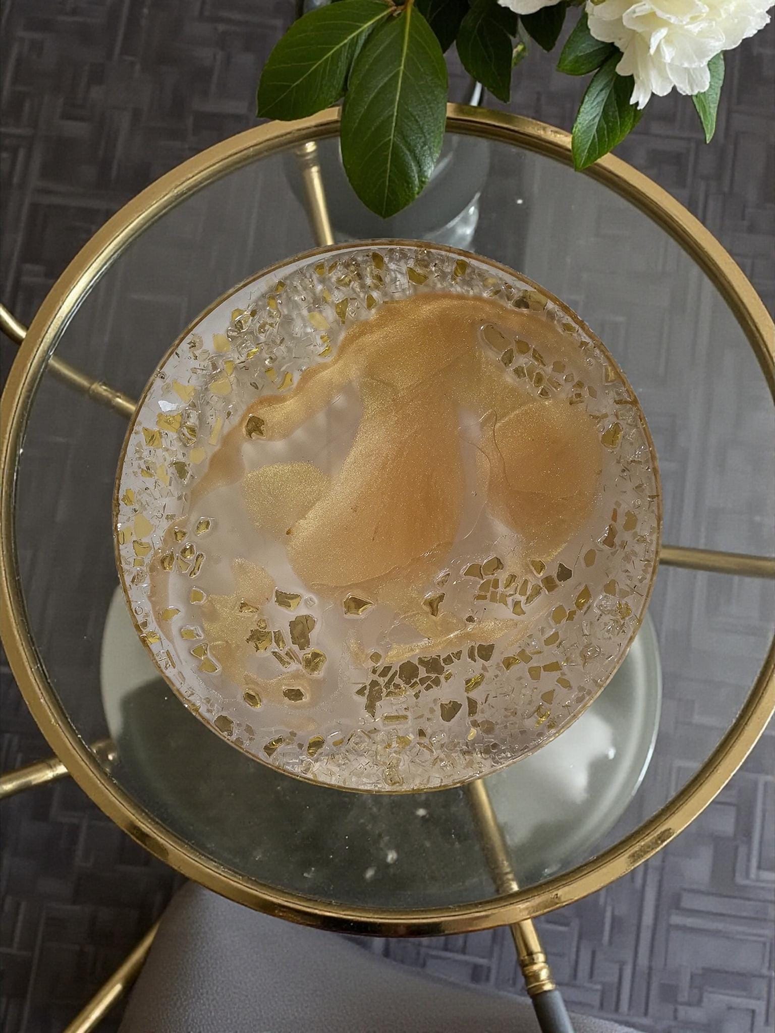 3D Resin Tray, Golden Peach with Gold Crystals, Elegant Home Decor