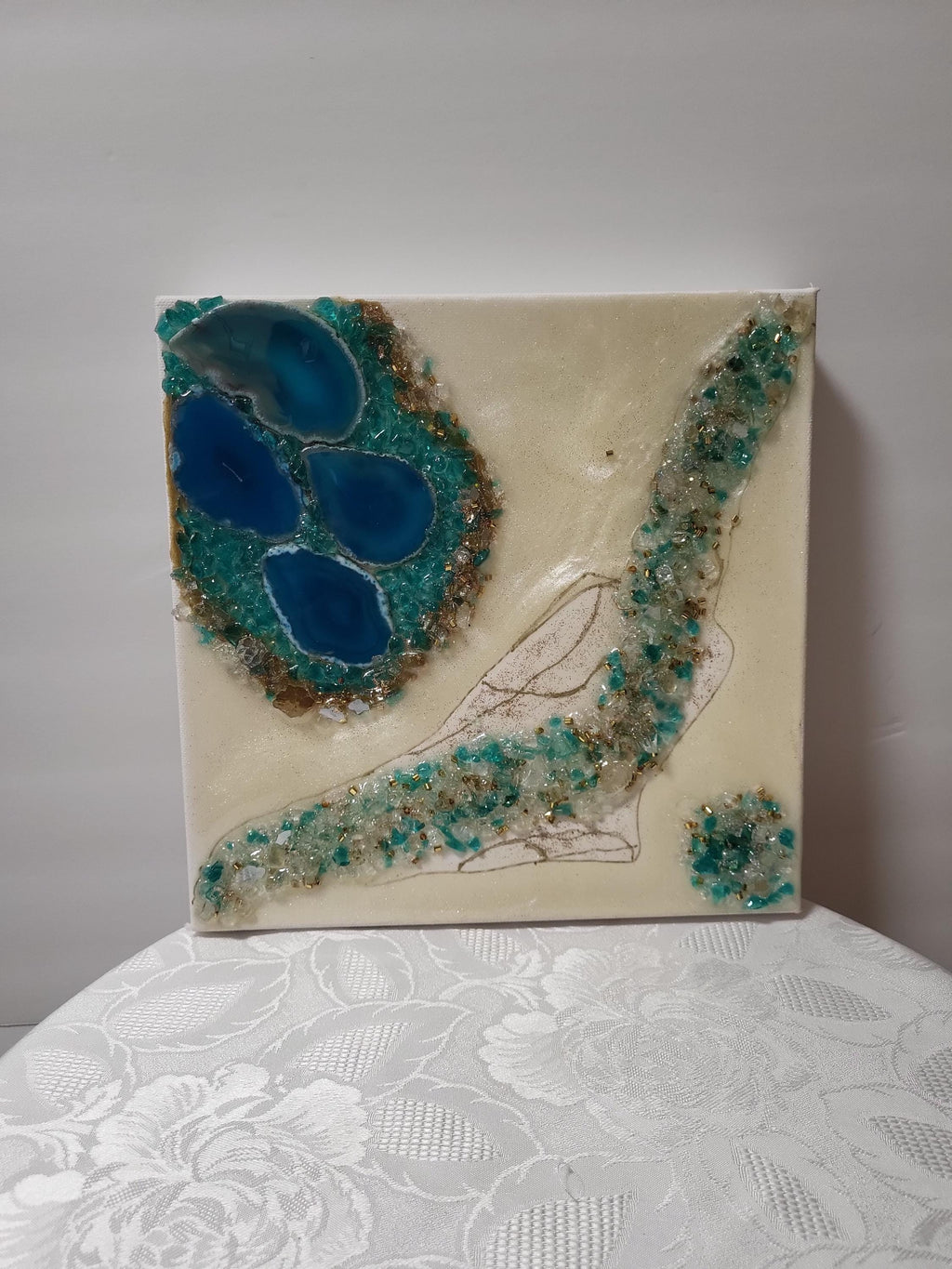 Aqua Blue Crystal Resin Artwork – Hanging Home Decor. Size 10x10