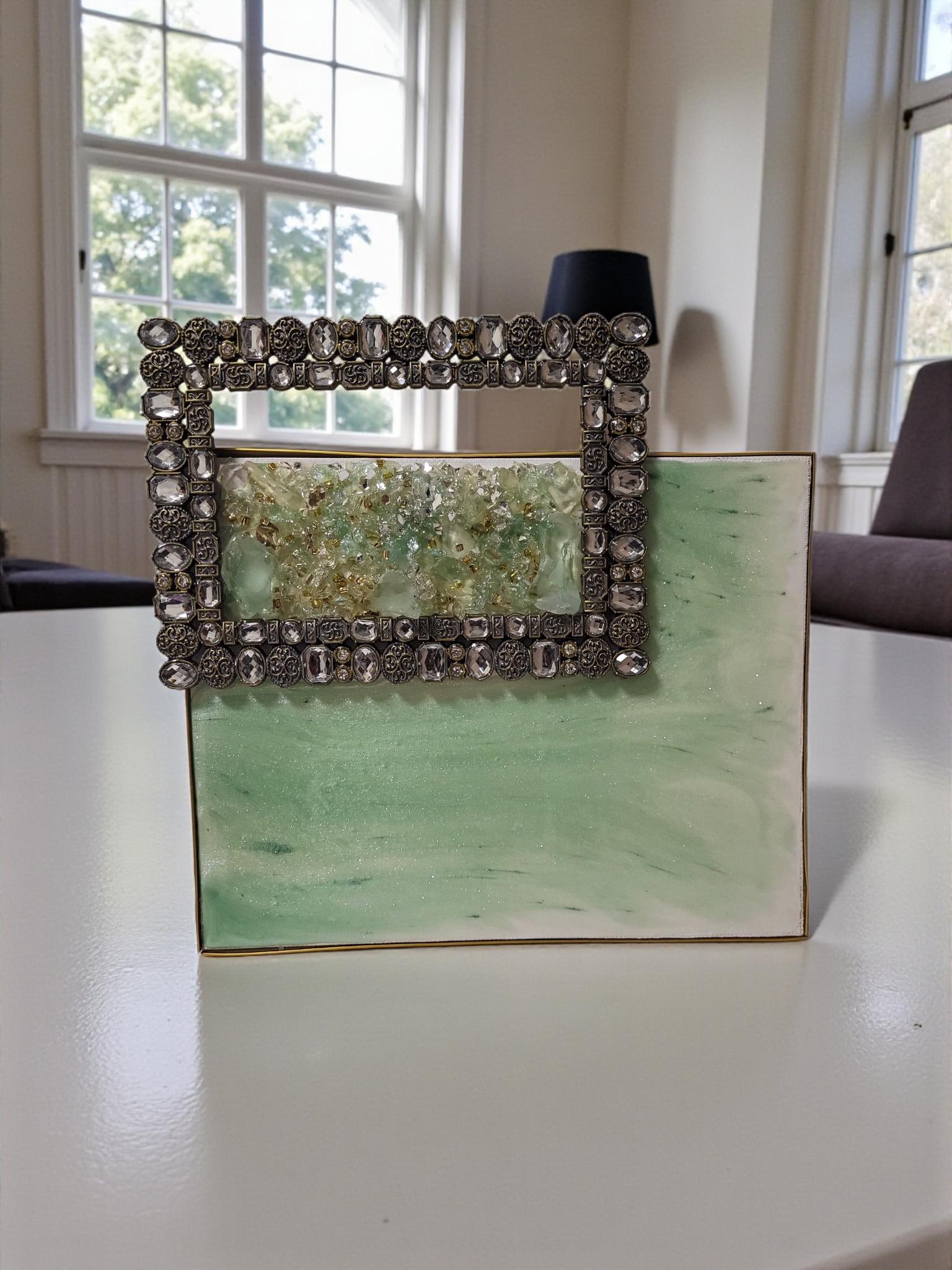 Aqua Green Crystallized 3D Artwork with Gold Frame