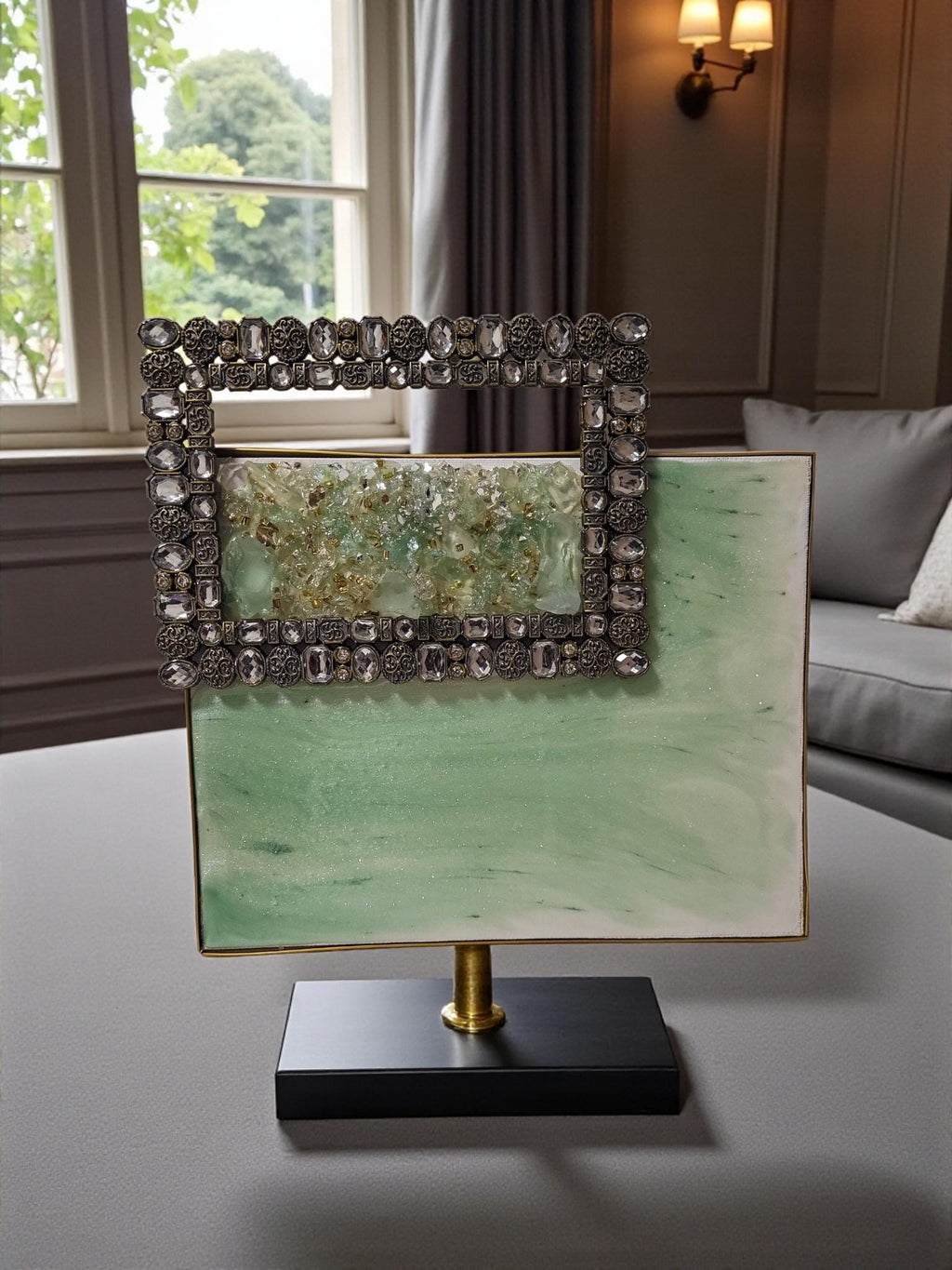 Aqua Green Crystallized 3D Artwork with Gold Frame