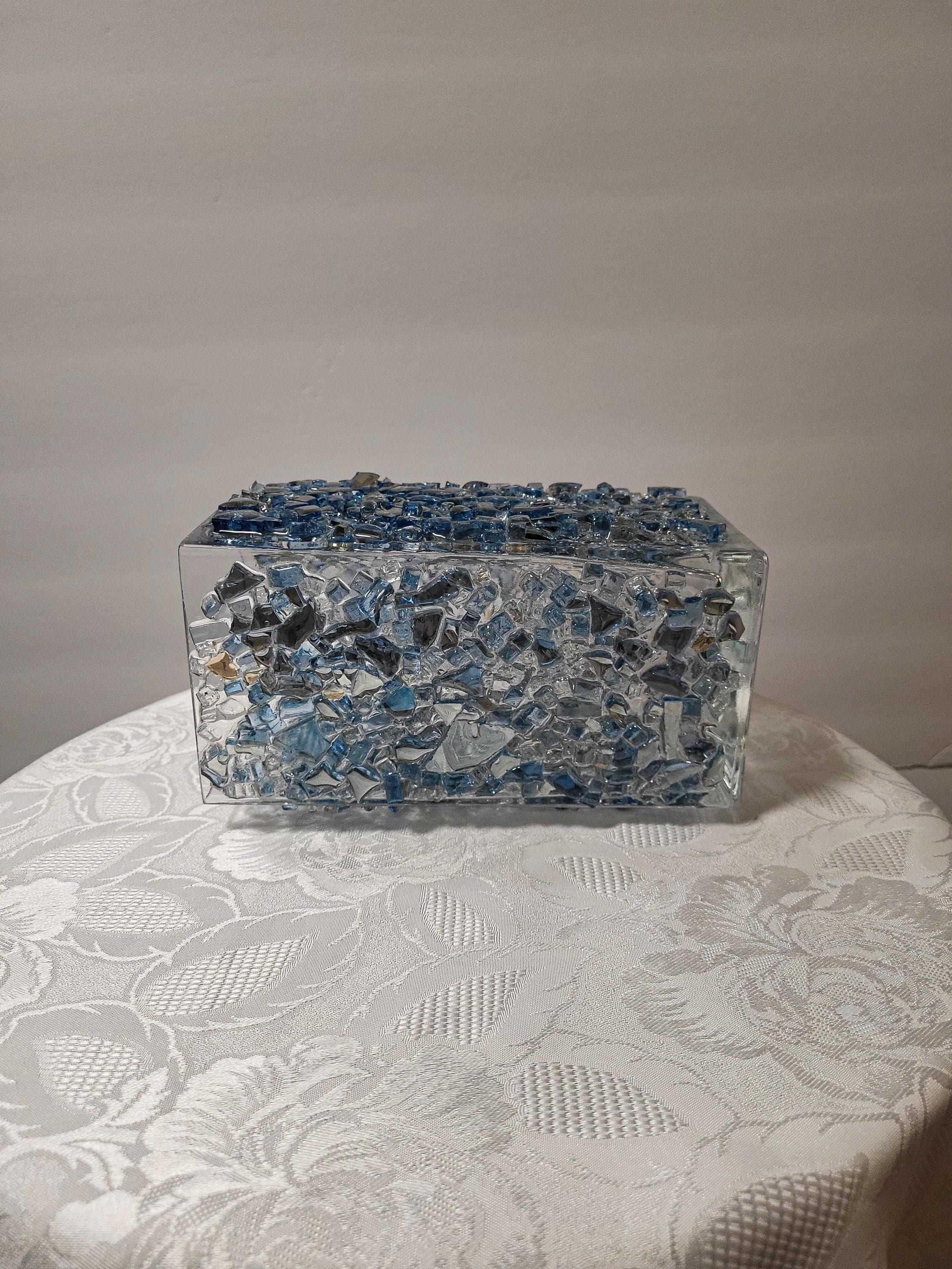 Blue Crystallized Glass Vase, Square Glam Decor
