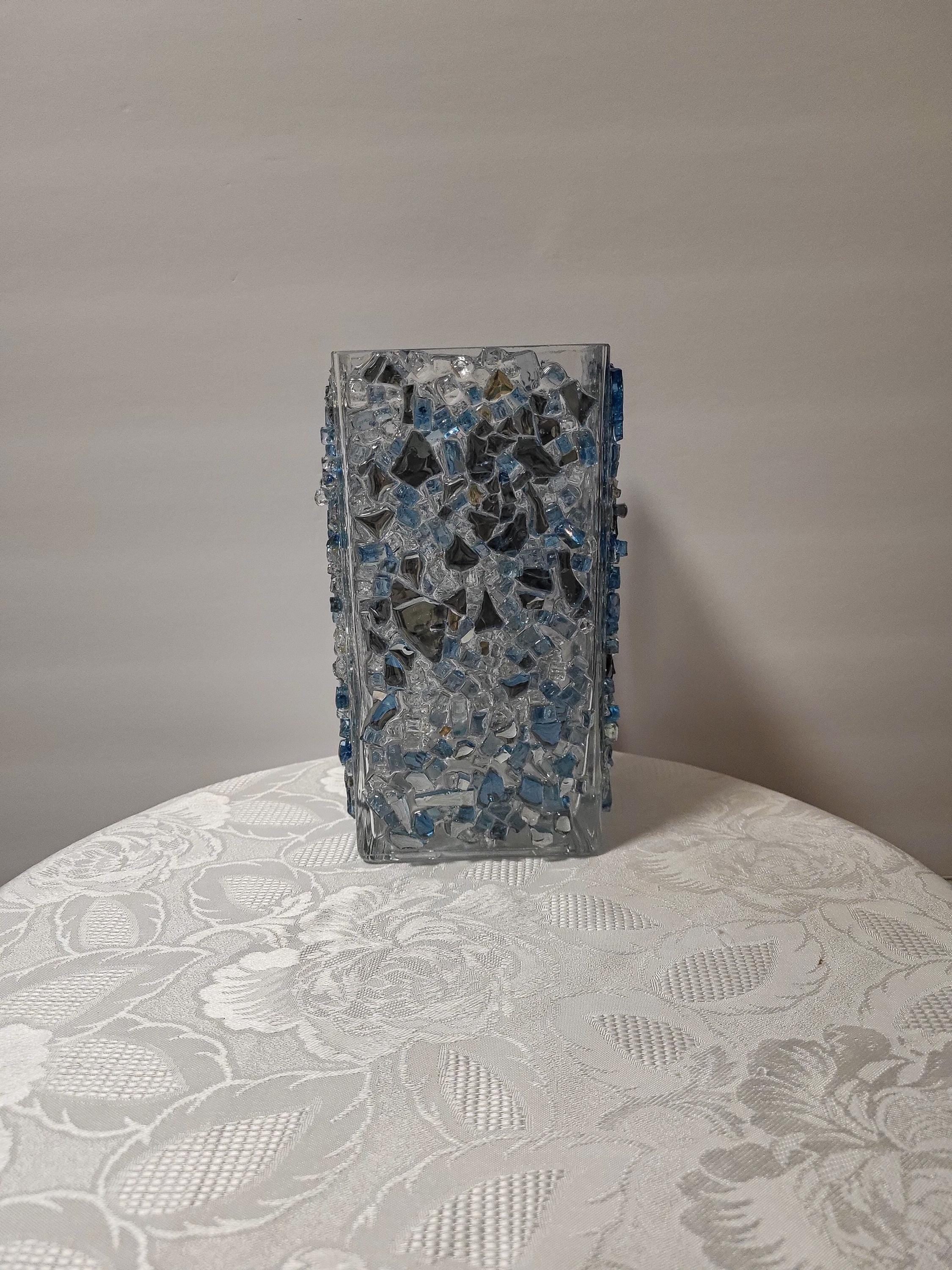 Blue Crystallized Glass Vase, Square Glam Decor