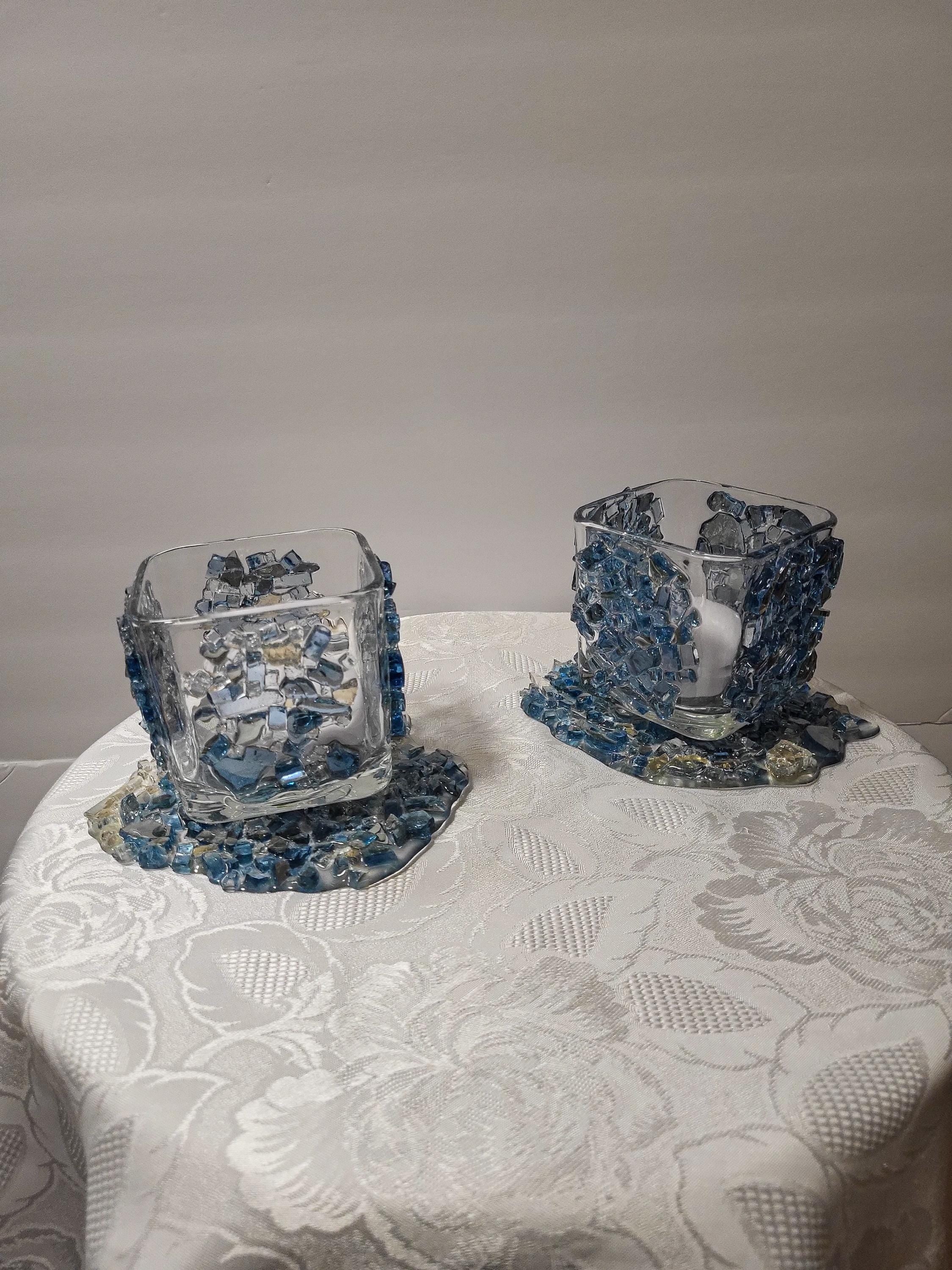 Blue Crystallized Votive Candle Holders - Handcrafted 3D Pair