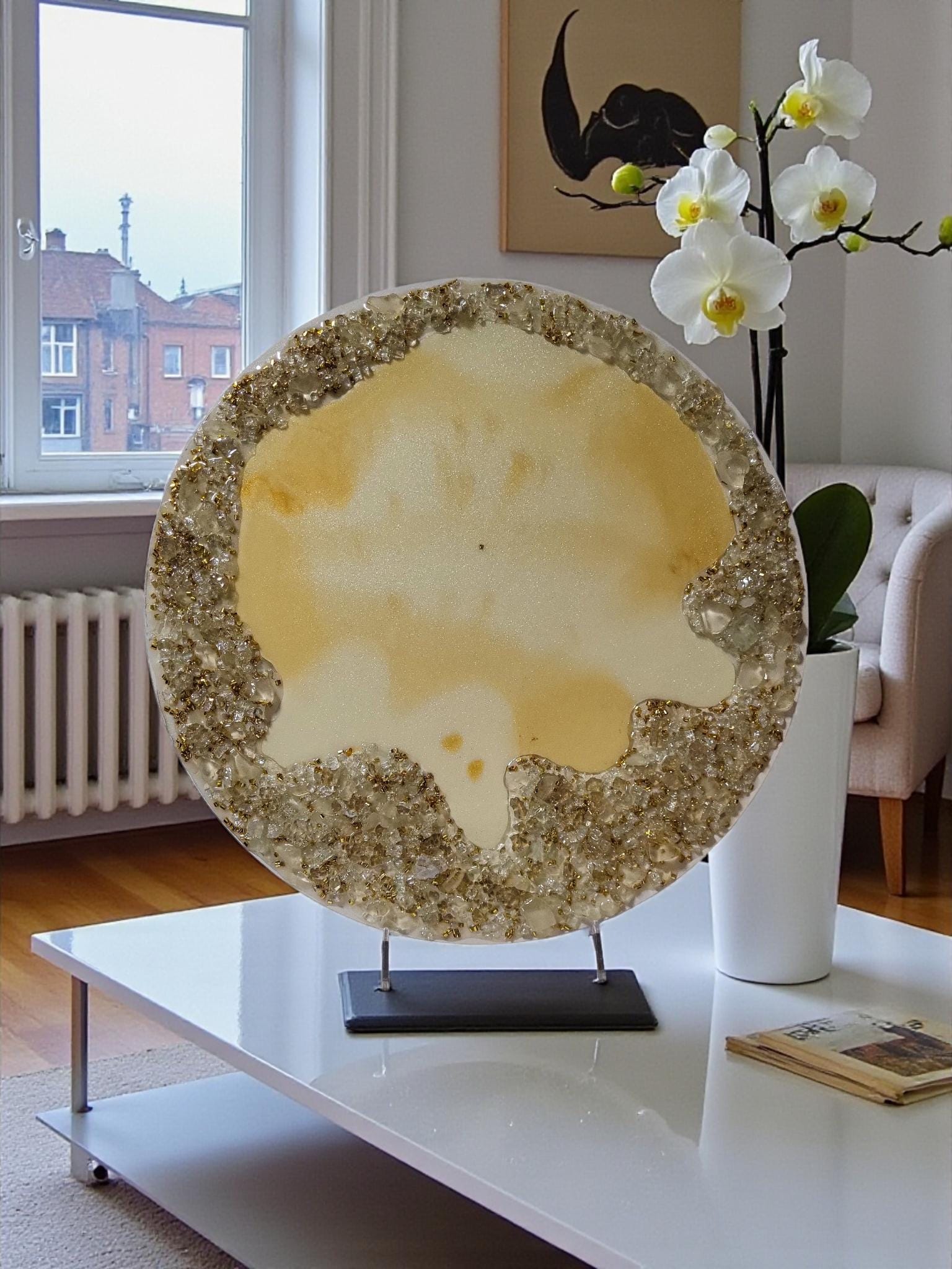 Crystalized Resin Table: Yellow Gold & Metallic White, Glam Home Decor