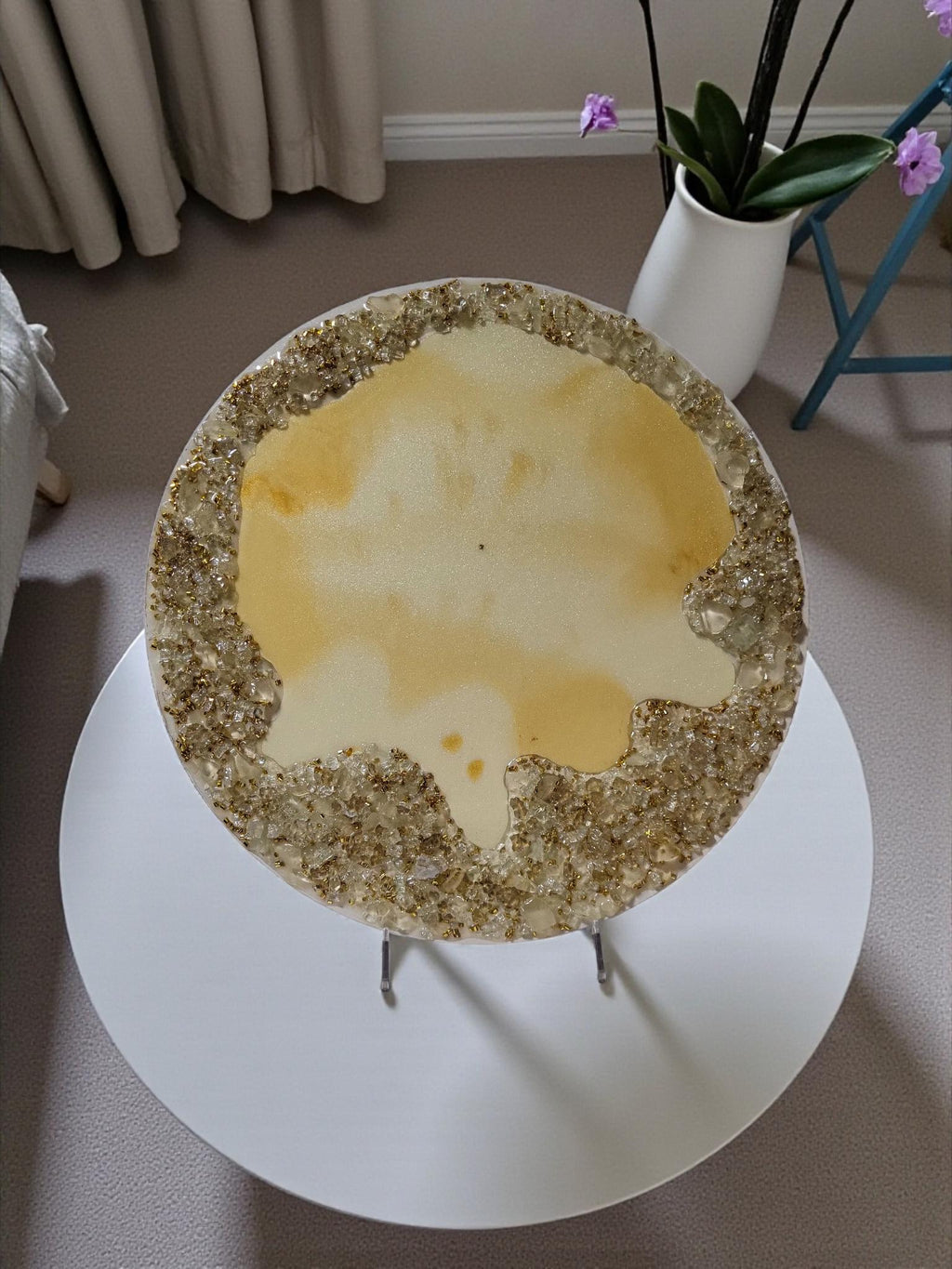 Crystalized Resin Table: Yellow Gold & Metallic White, Glam Home Decor