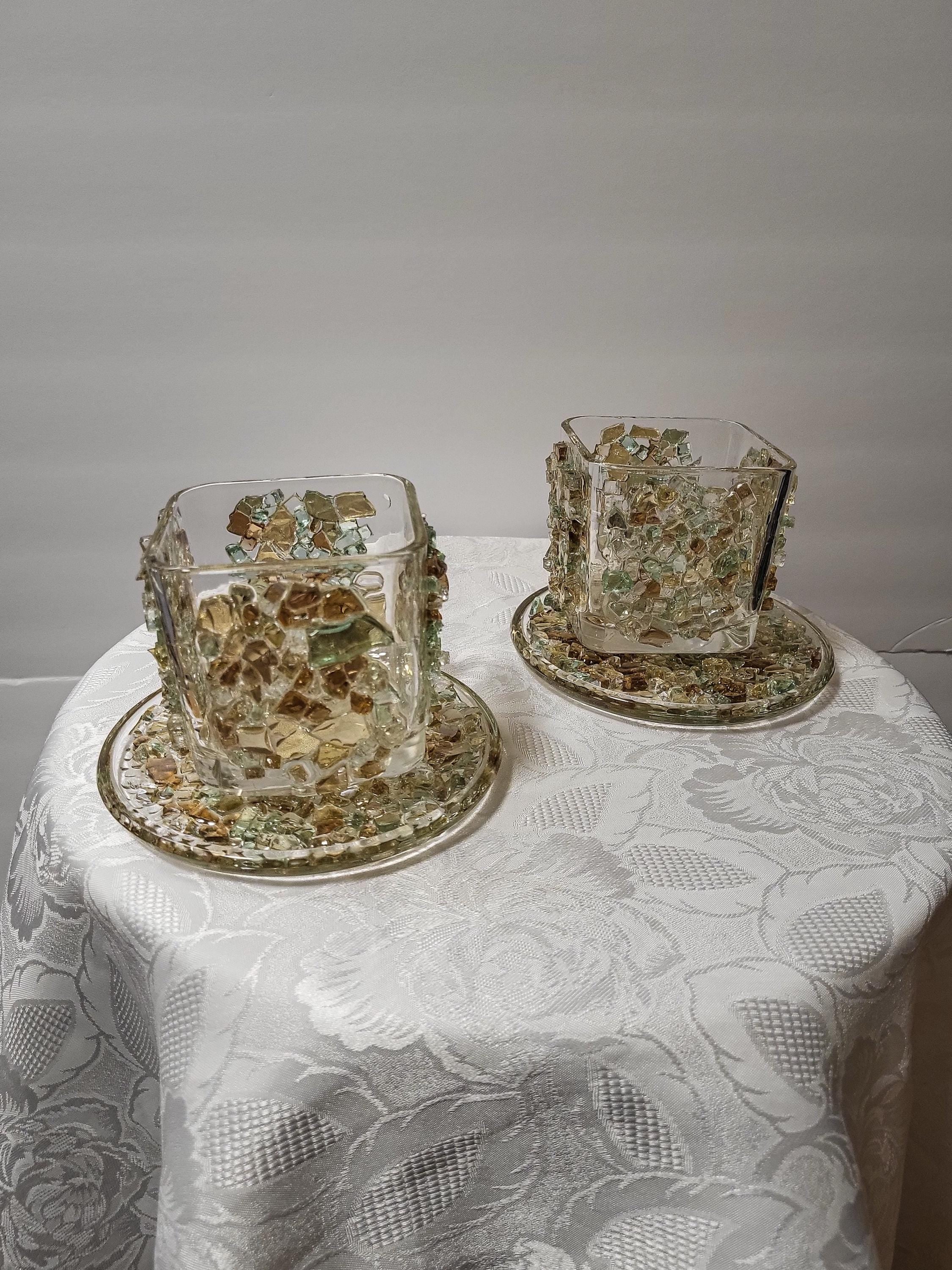 Crystallized Votive Candle Holders: Brown, Gold, Green, Home Decor (Pair)