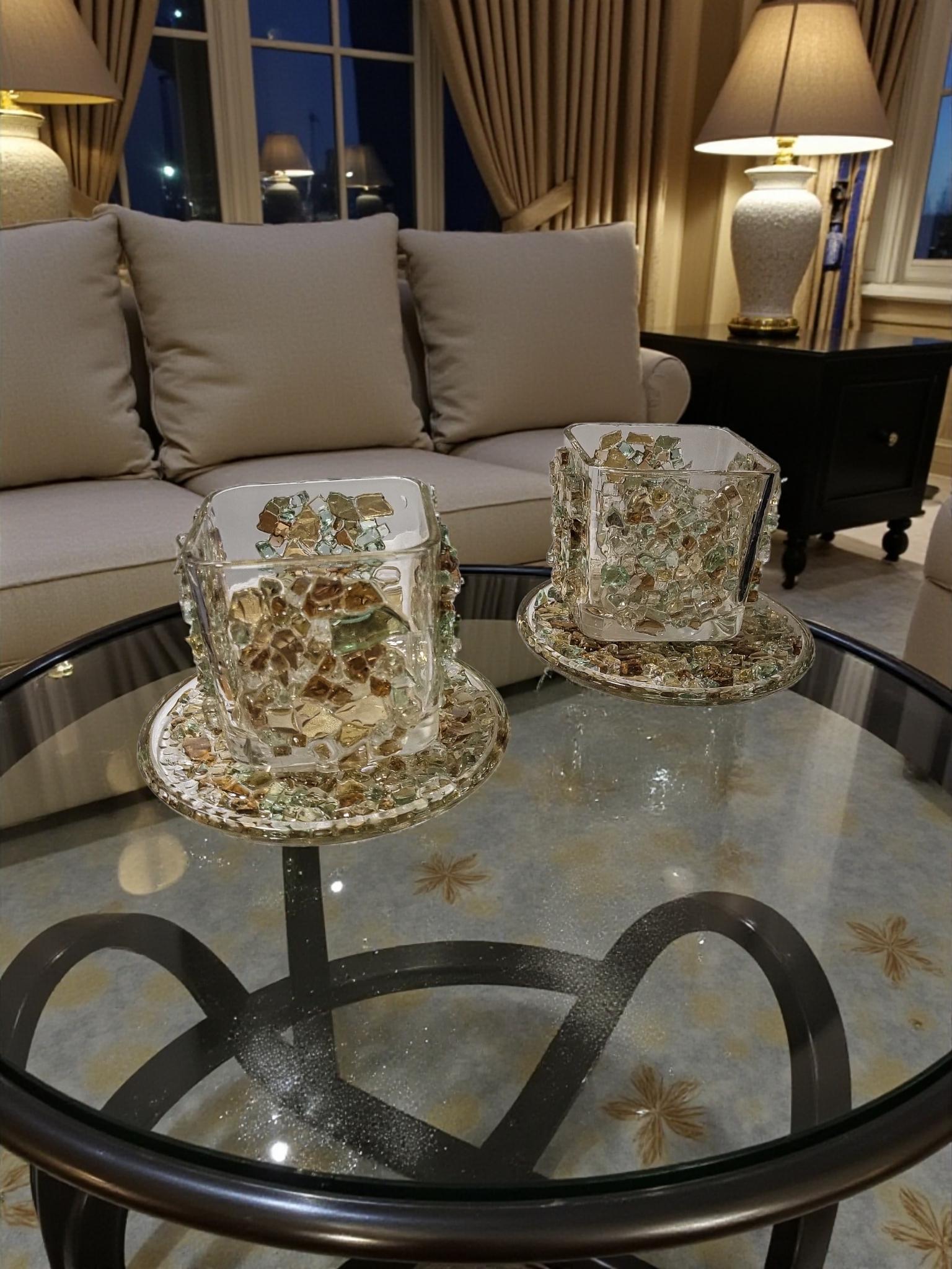 Crystallized Votive Candle Holders: Brown, Gold, Green, Home Decor (Pair)