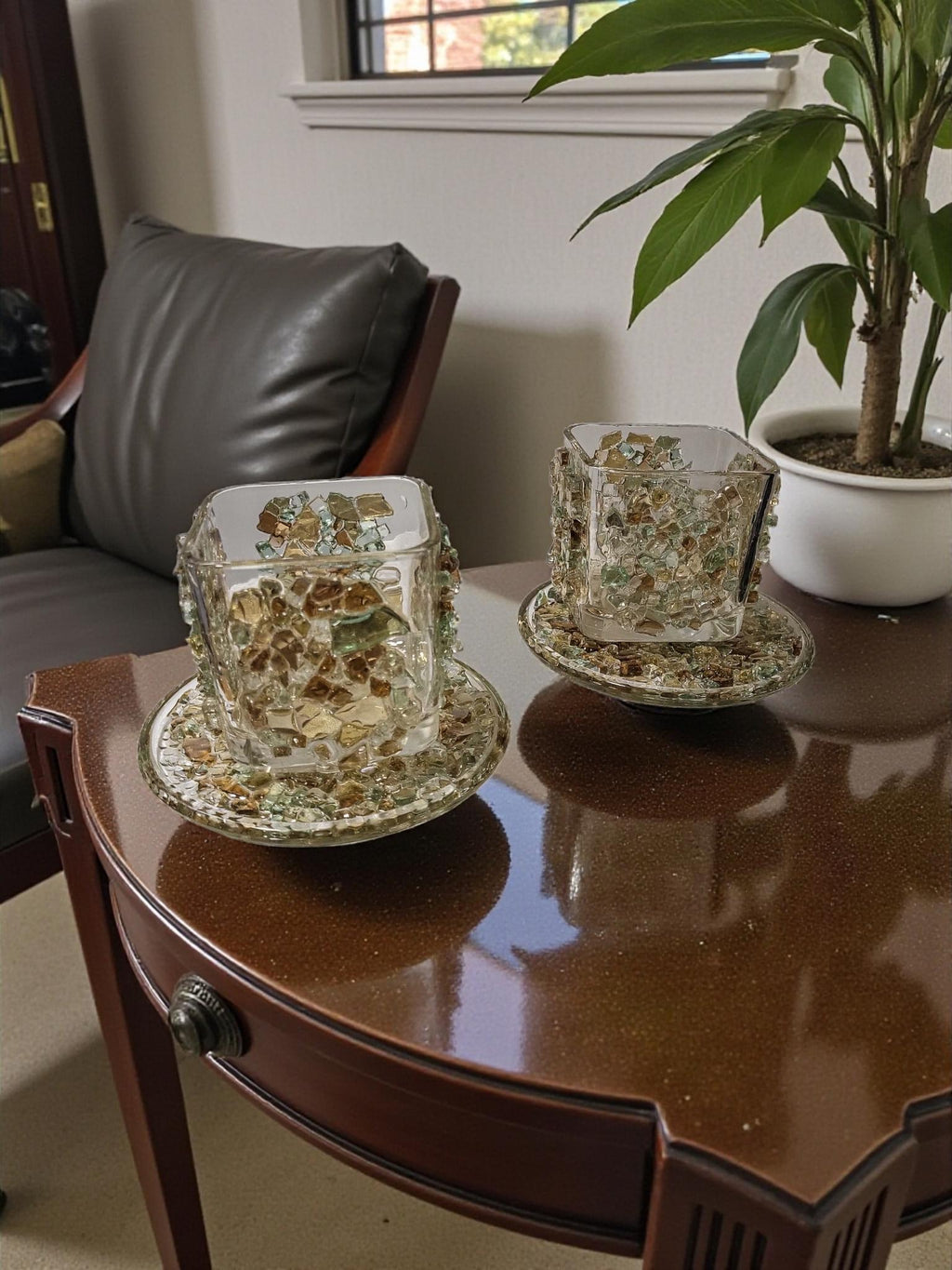 Crystallized Votive Candle Holders: Brown, Gold, Green, Home Decor (Pair)