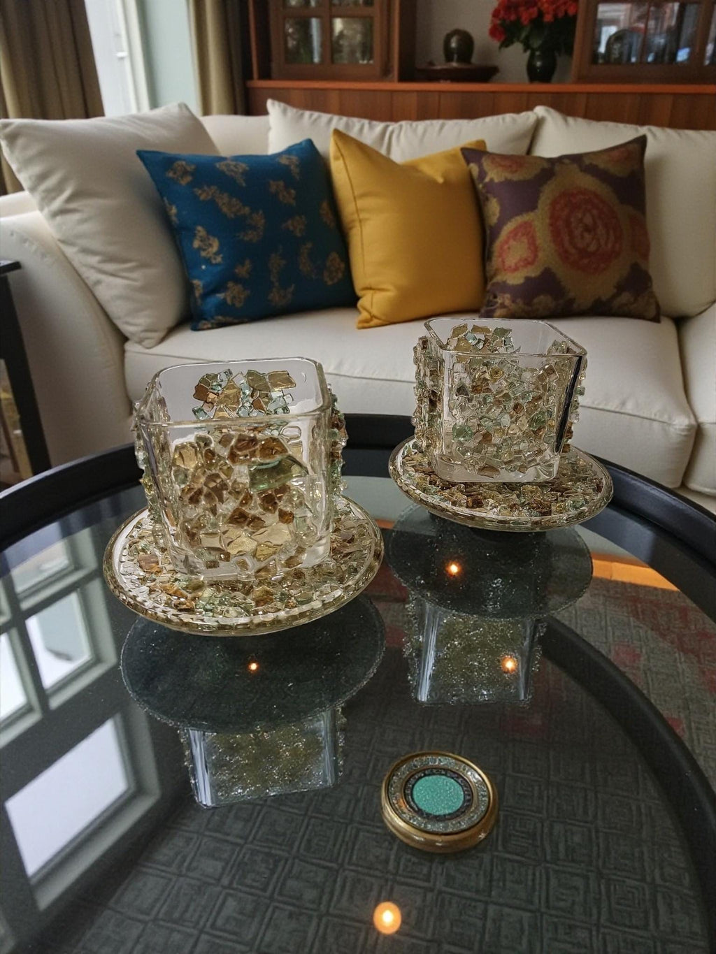 Crystallized Votive Candle Holders: Brown, Gold, Green, Home Decor (Pair)