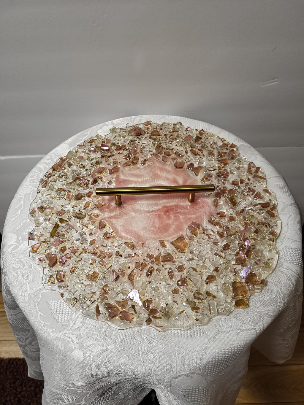 Hand-Designed Rose Pink Crystal Tray – Elegant Home Decor (13x13 inches)