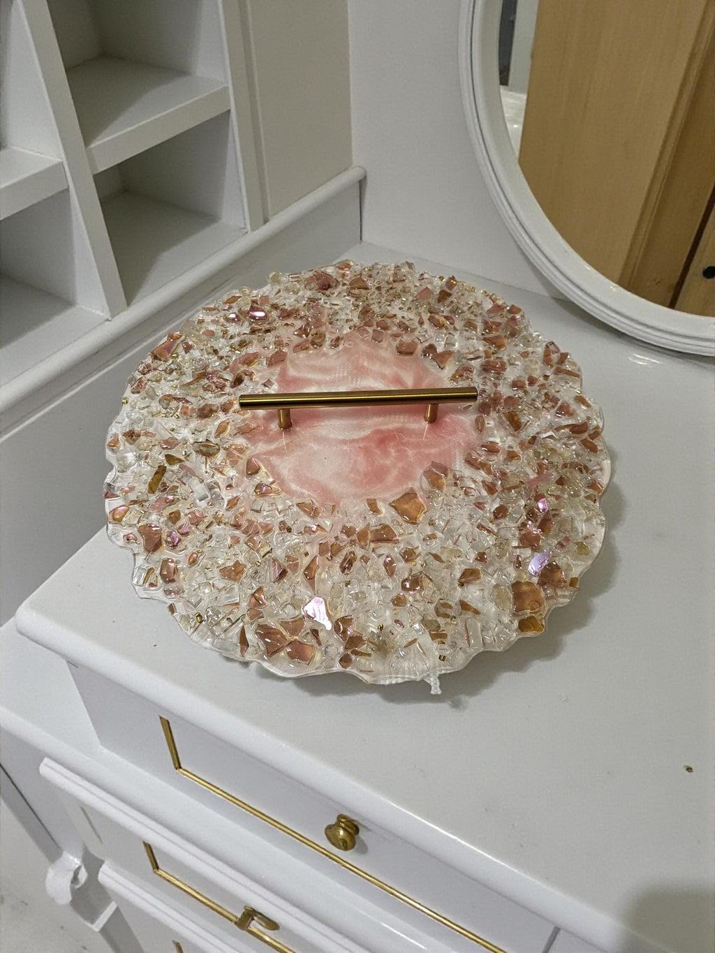 Hand-Designed Rose Pink Crystal Tray – Elegant Home Decor (13x13 inches)