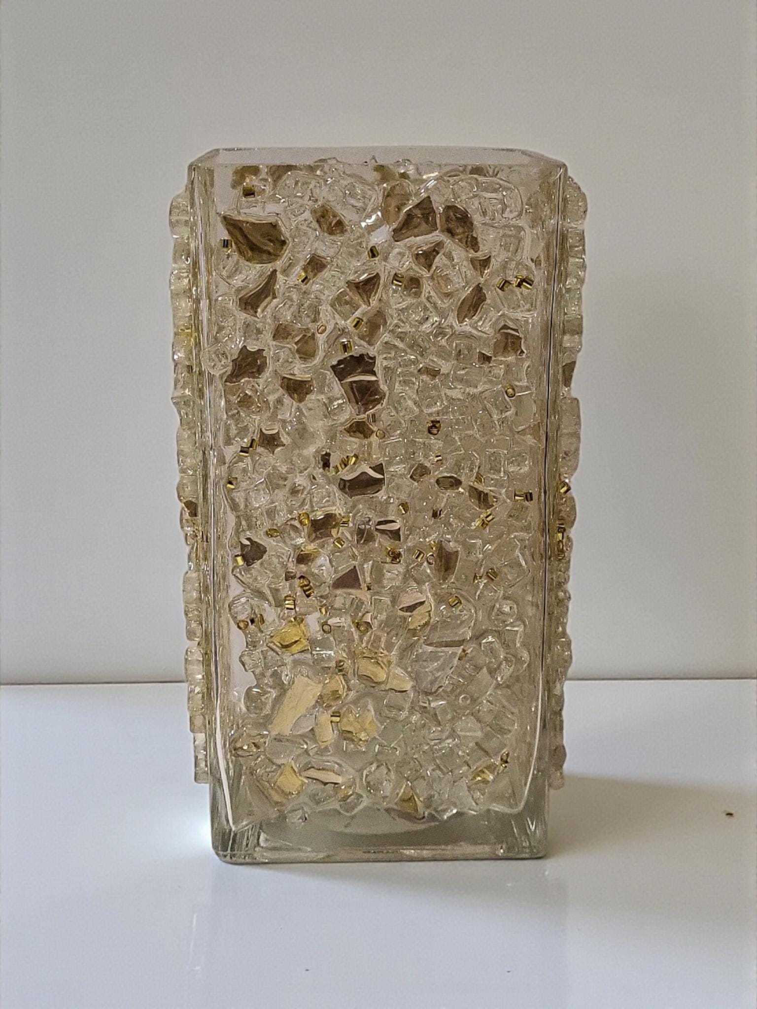 Gold Crystallized Square Glass Vase, Sophisticated Home Decor