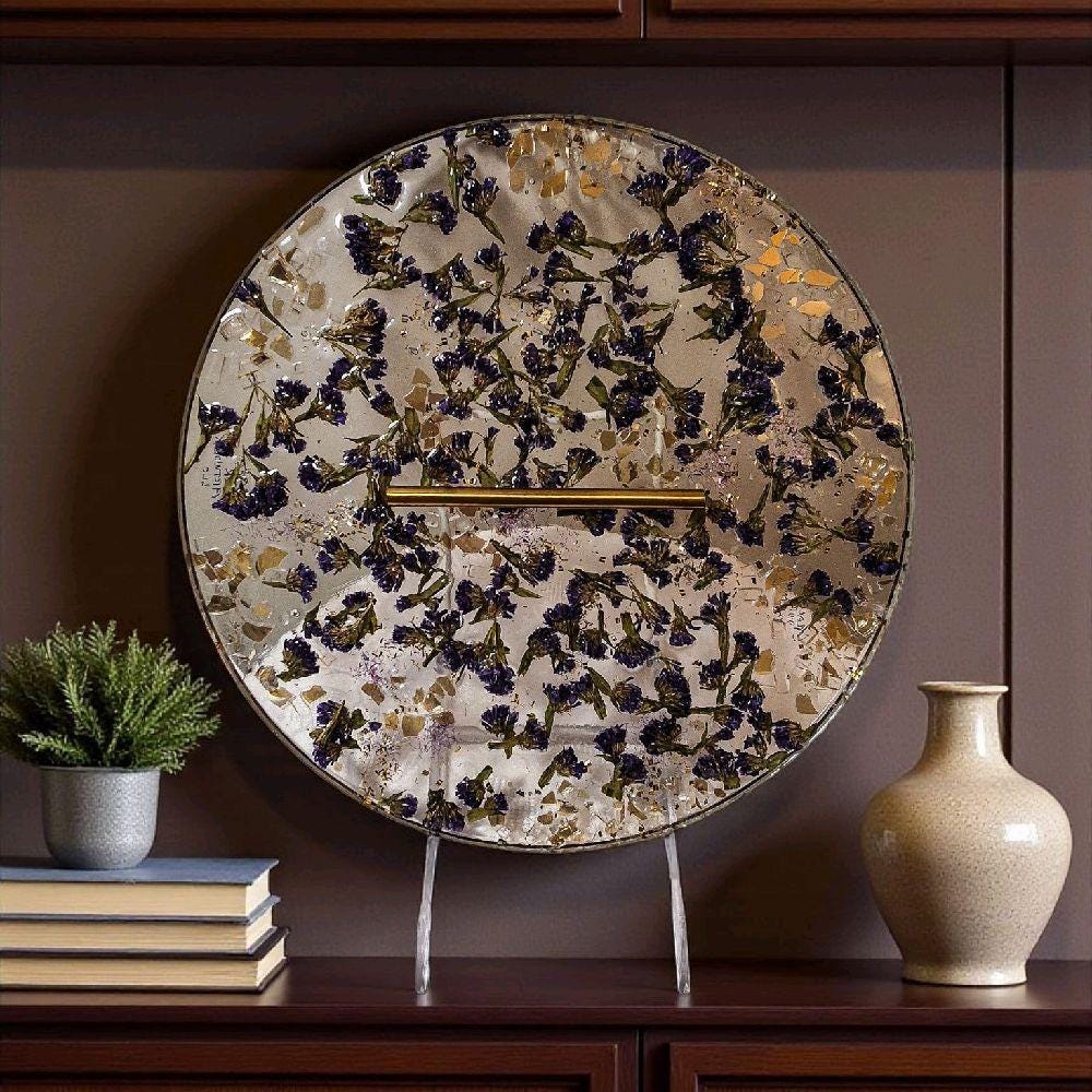 Purple Flower Resin Tray with Gold Crystal Handle, 3D Decor