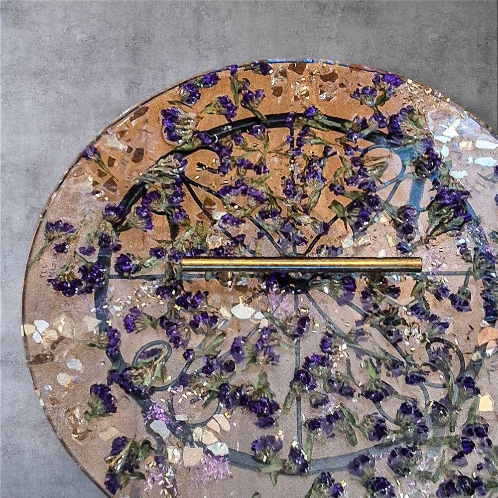 Purple Flower Resin Tray with Gold Crystal Handle, 3D Decor