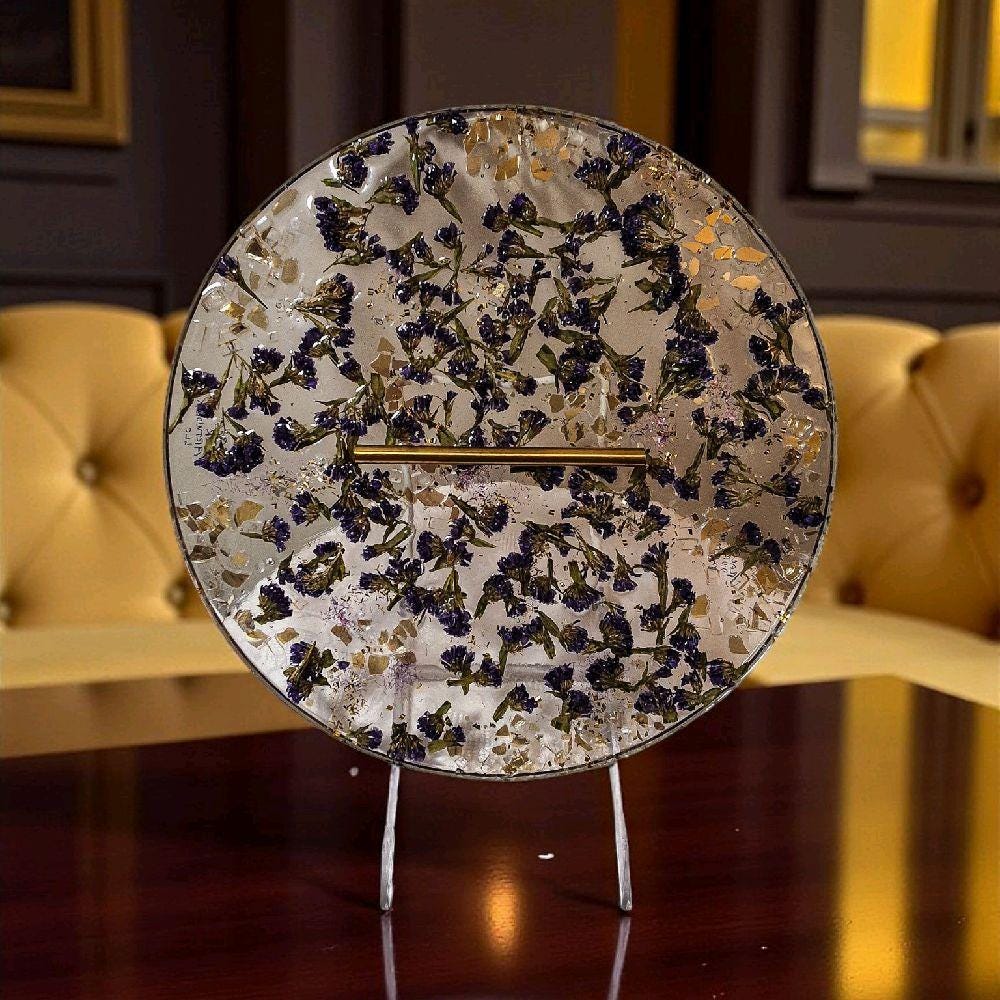 Purple Flower Resin Tray with Gold Crystal Handle, 3D Decor