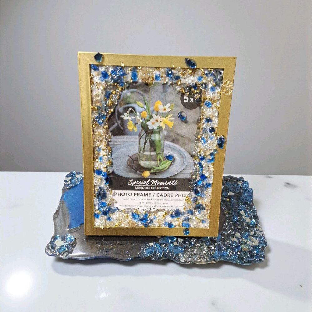 Hand-Designed 3D Abstract Photo Frame, Gold & Blue, 5x7