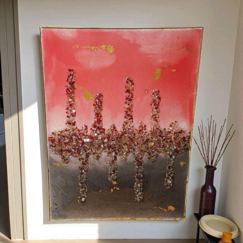 Hand-Designed 3D Abstract Canvas Art: Red, Black, and Gold Stripes. Size 18x24