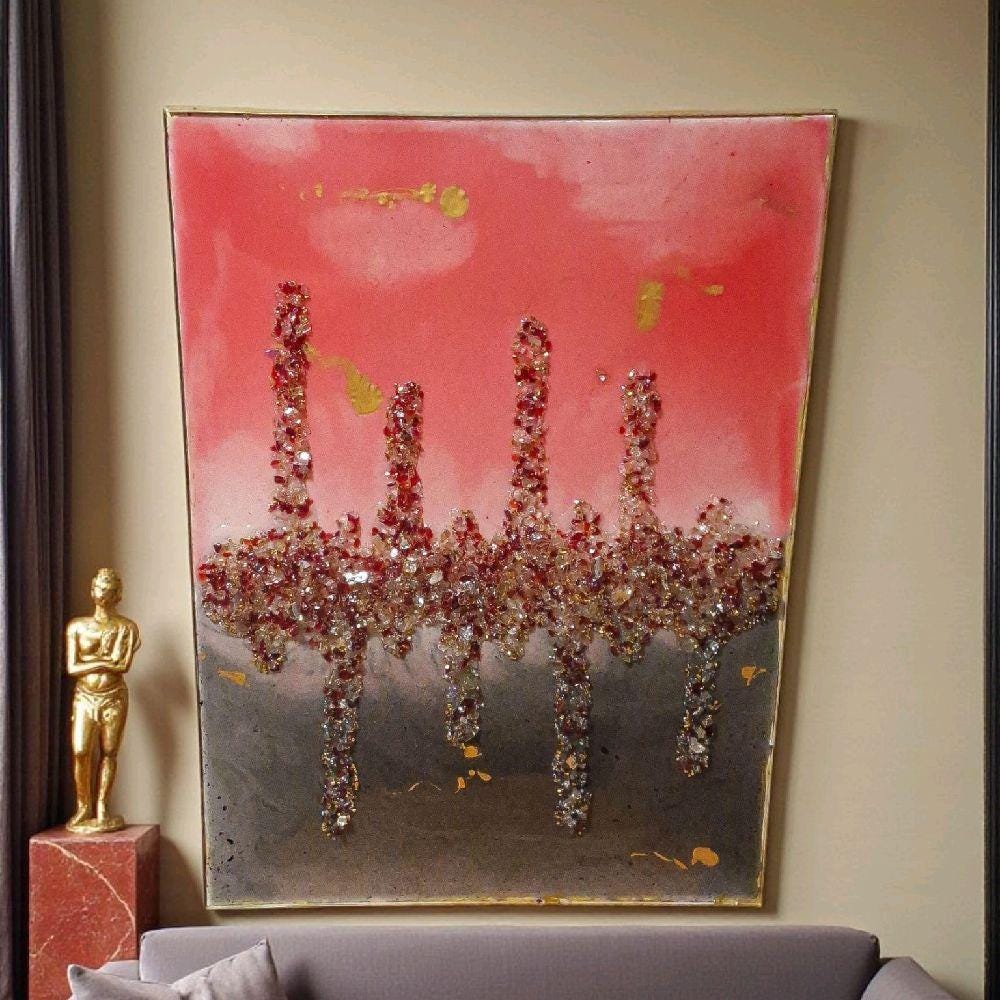 Hand-Designed 3D Abstract Canvas Art: Red, Black, and Gold Stripes. Size 18x24