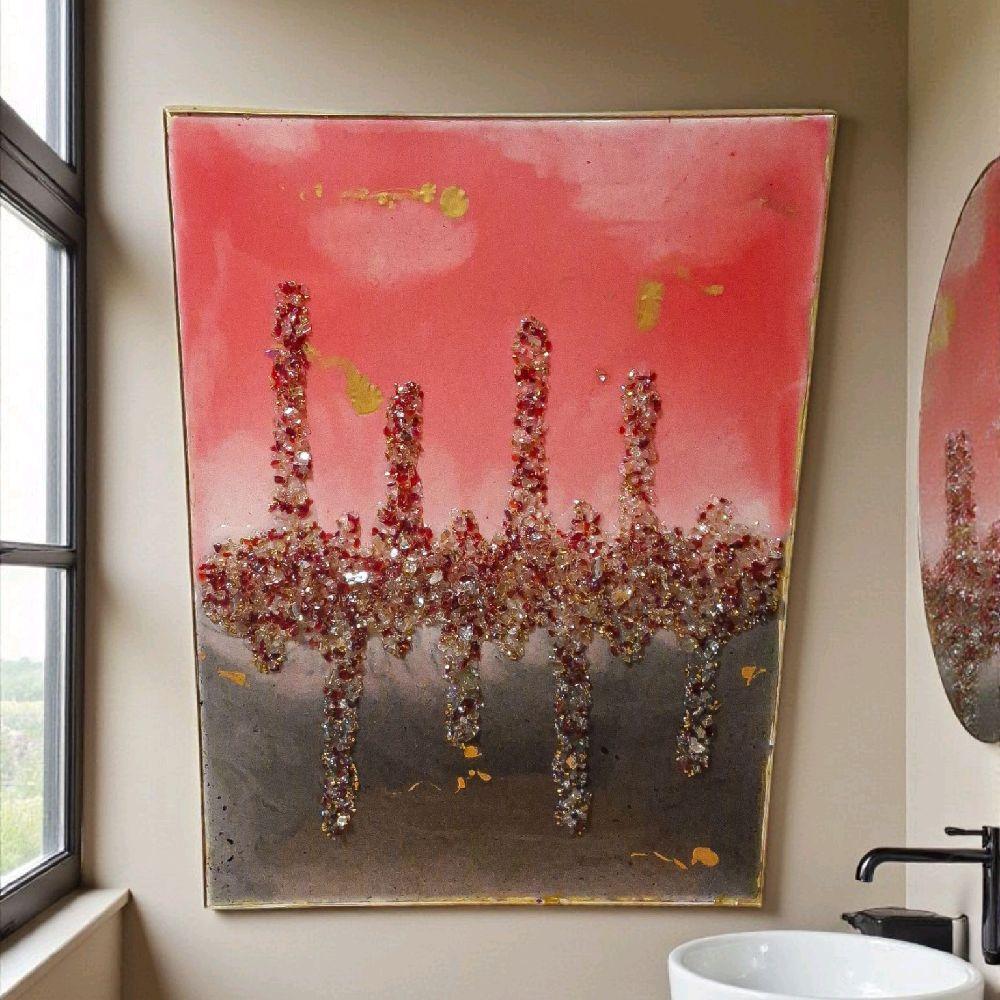 Hand-Designed 3D Abstract Canvas Art: Red, Black, and Gold Stripes. Size 18x24