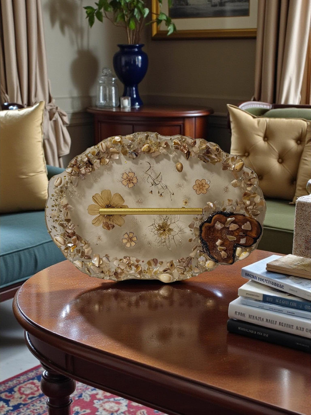 Floral & Pearl Crystal Resin Tray - Elegant Earth Tone Bathroom Decor
