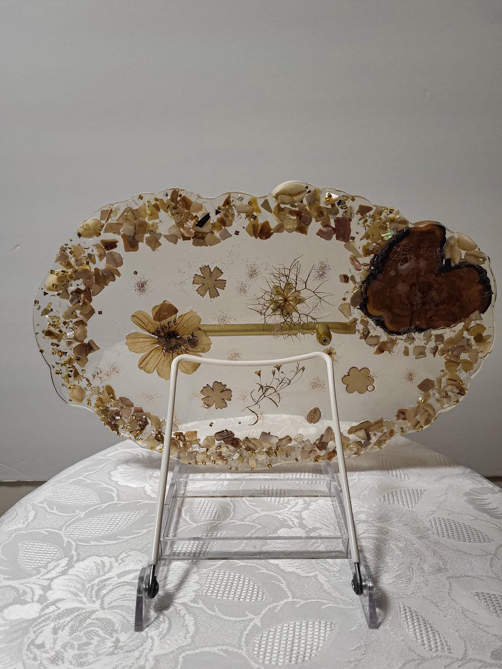 Floral & Pearl Crystal Resin Tray - Elegant Earth Tone Bathroom Decor