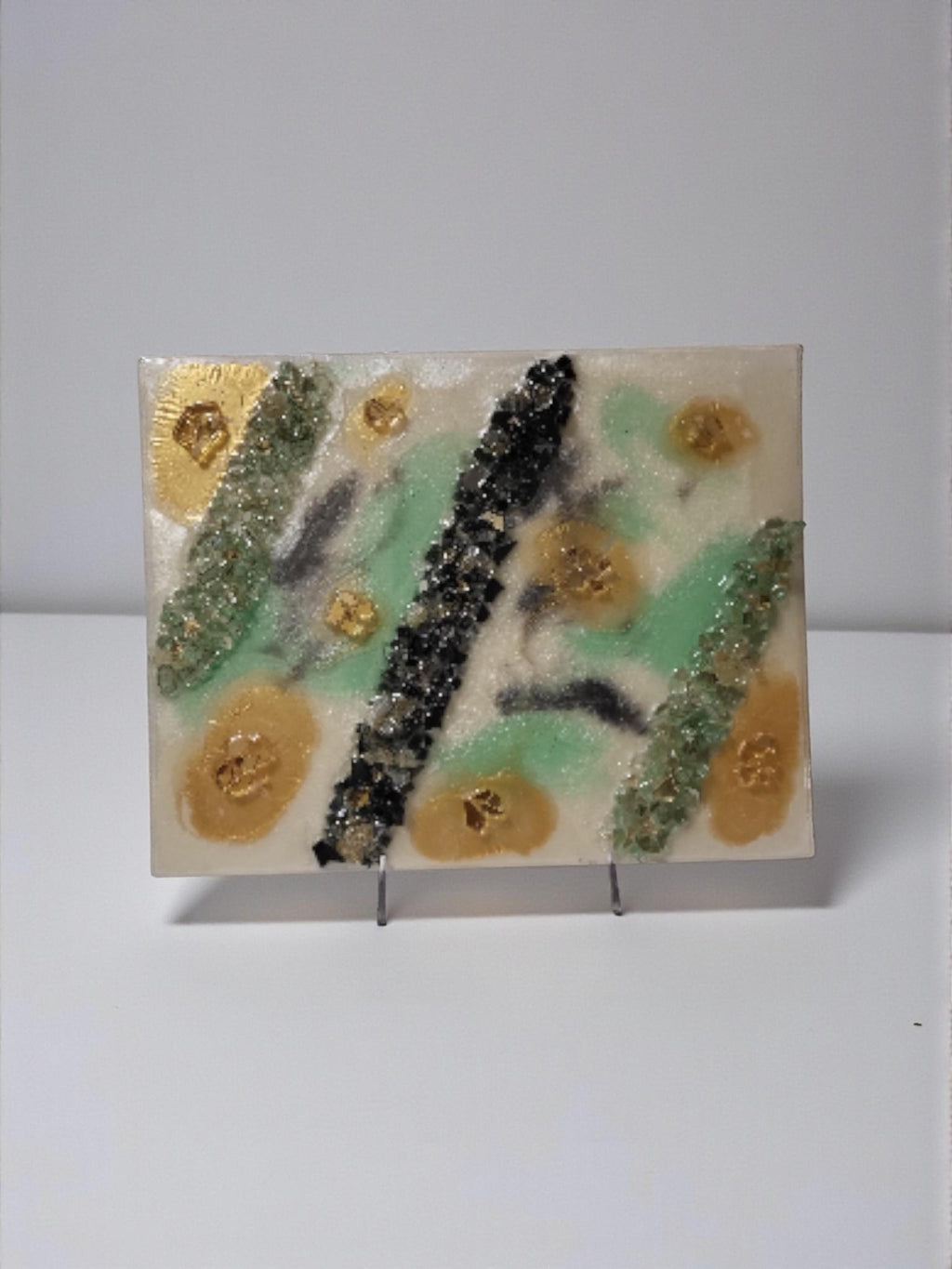 Gold Leaf Resin Painting: Black, White & Green Acrylic Art. Size 11x14