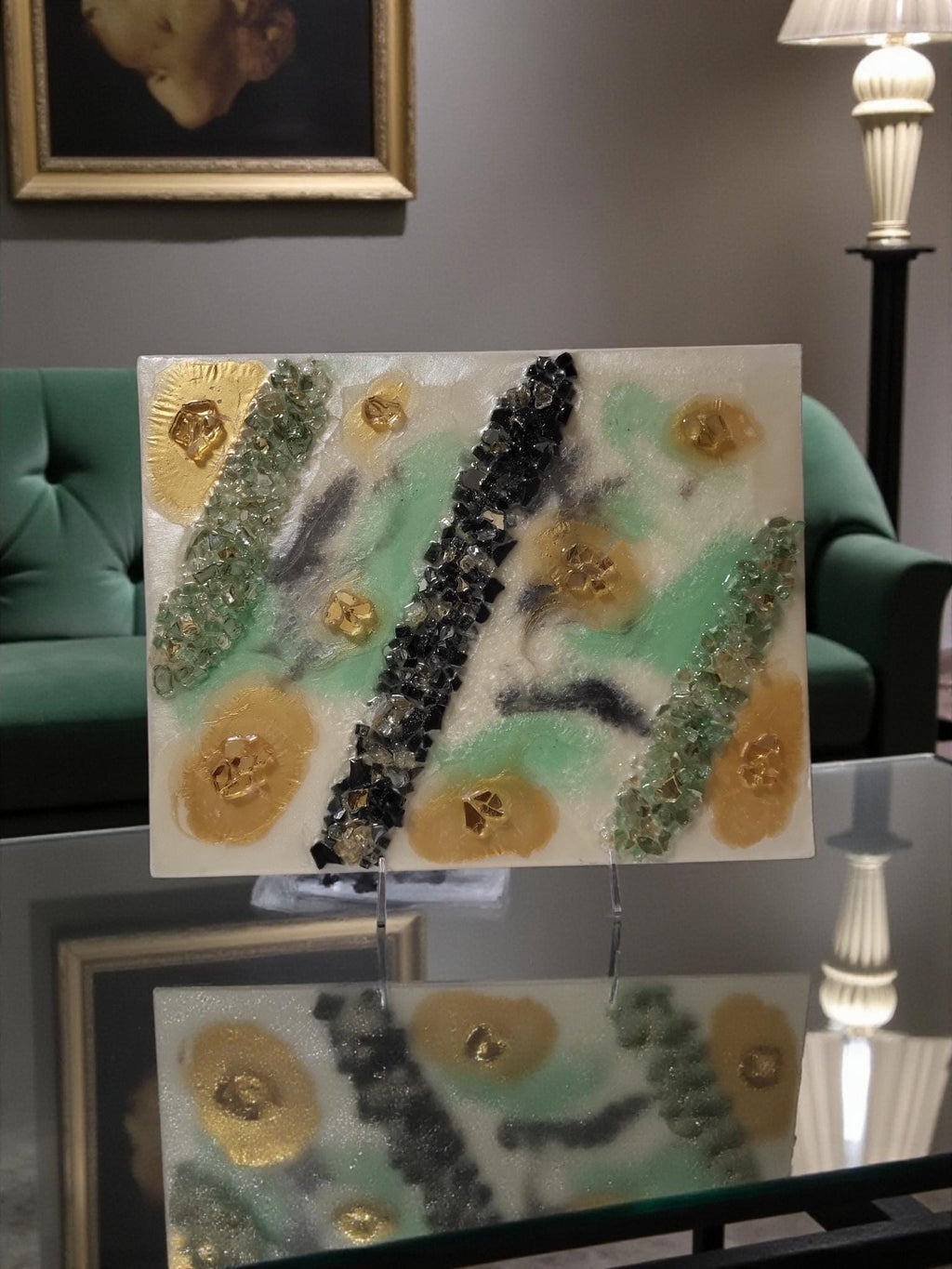 Gold Leaf Resin Painting: Black, White & Green Acrylic Art. Size 11x14