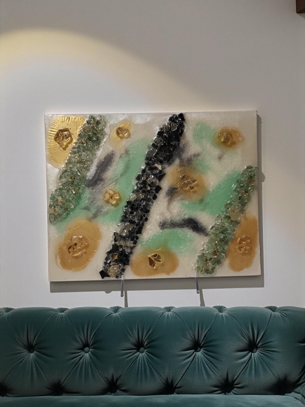 Gold Leaf Resin Painting: Black, White & Green Acrylic Art. Size 11x14