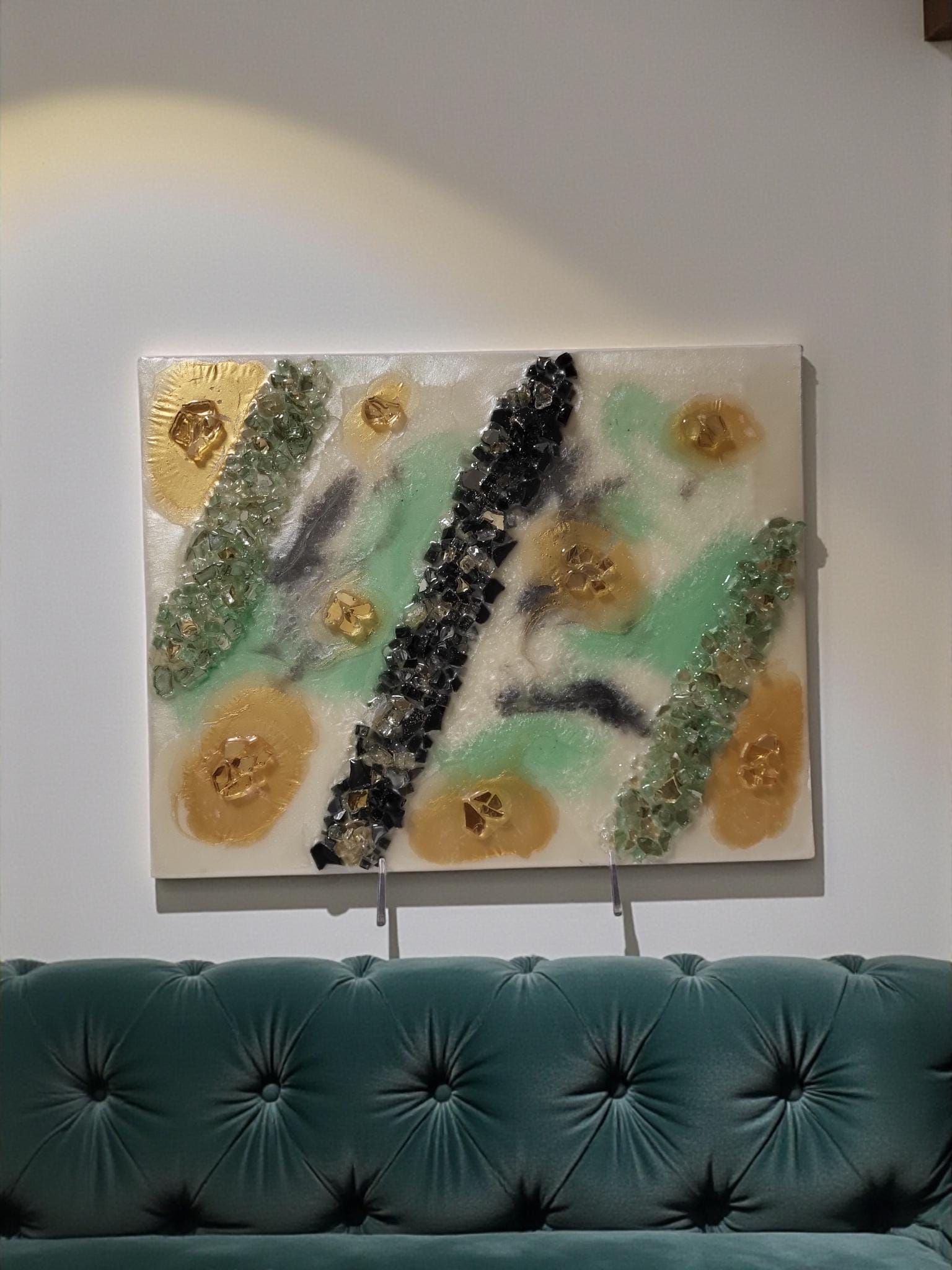 Gold Leaf Resin Painting: Black, White & Green Acrylic Art. Size 11x14