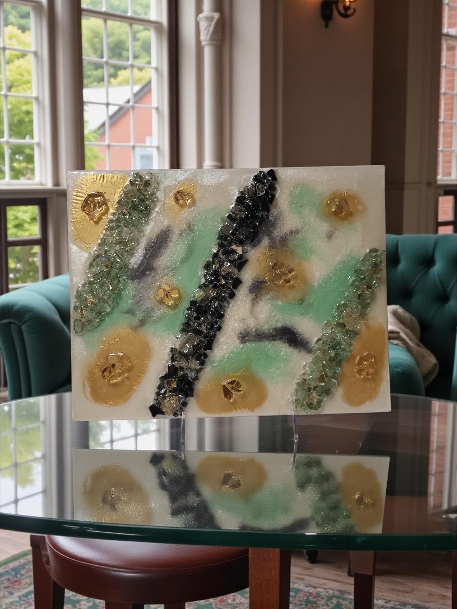 Gold Leaf Resin Painting: Black, White & Green Acrylic Art. Size 11x14