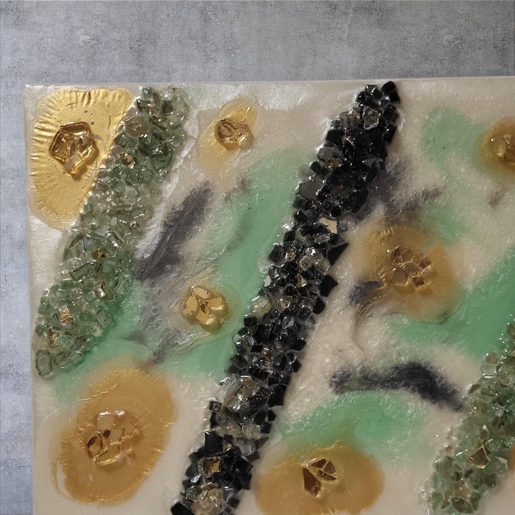 Gold Leaf Resin Painting: Black, White & Green Acrylic Art. Size 11x14