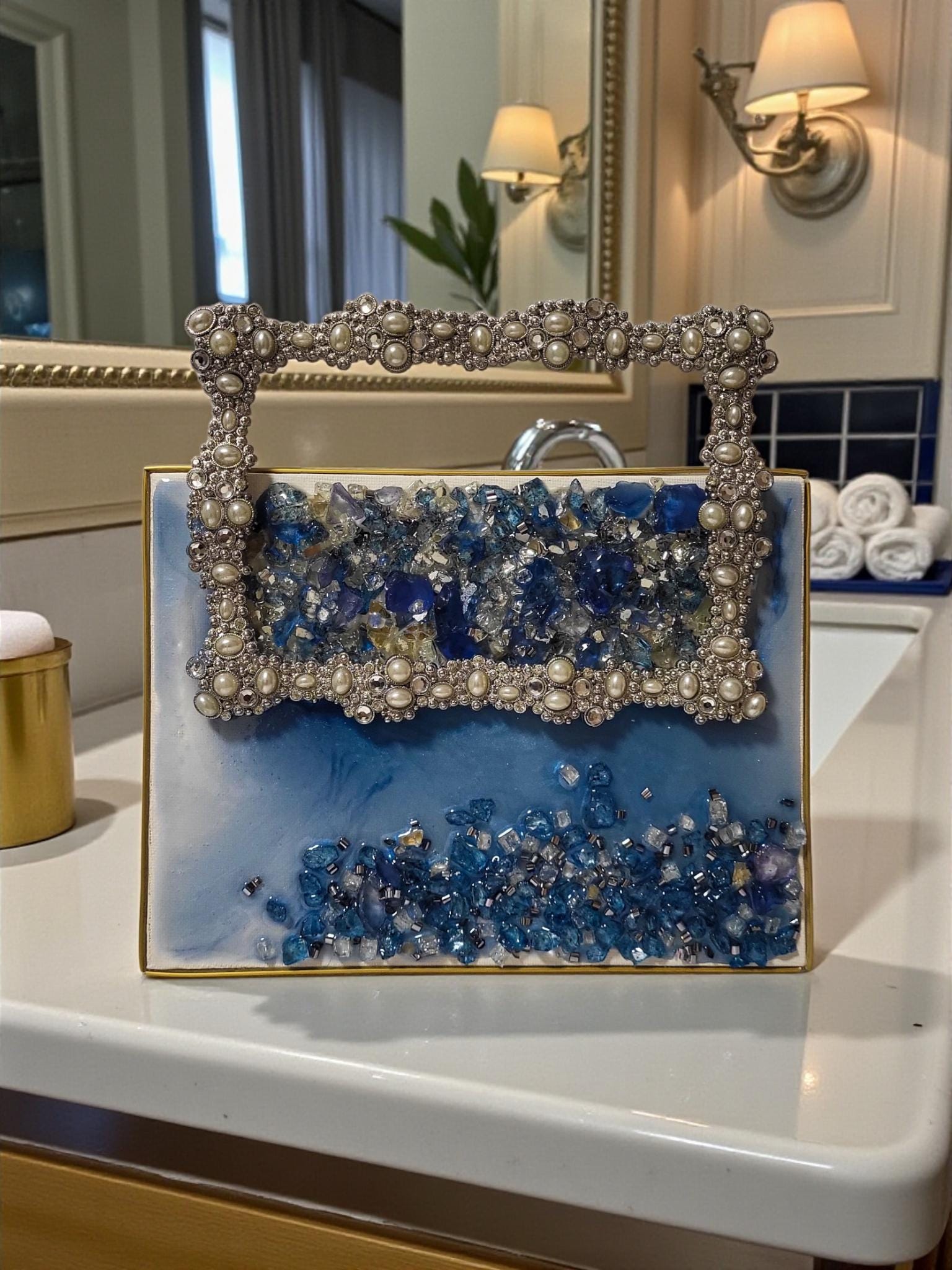 Hand Designed 3D Blue Crystal Artwork, Hanging Ornament Decor