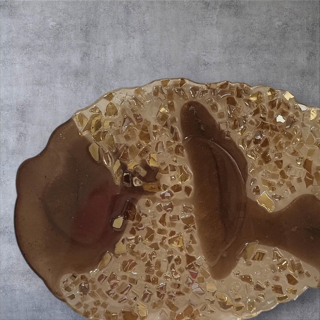 Hand-Designed 3D Crystal Resin Tray - Metallic Brown & Gold Decor